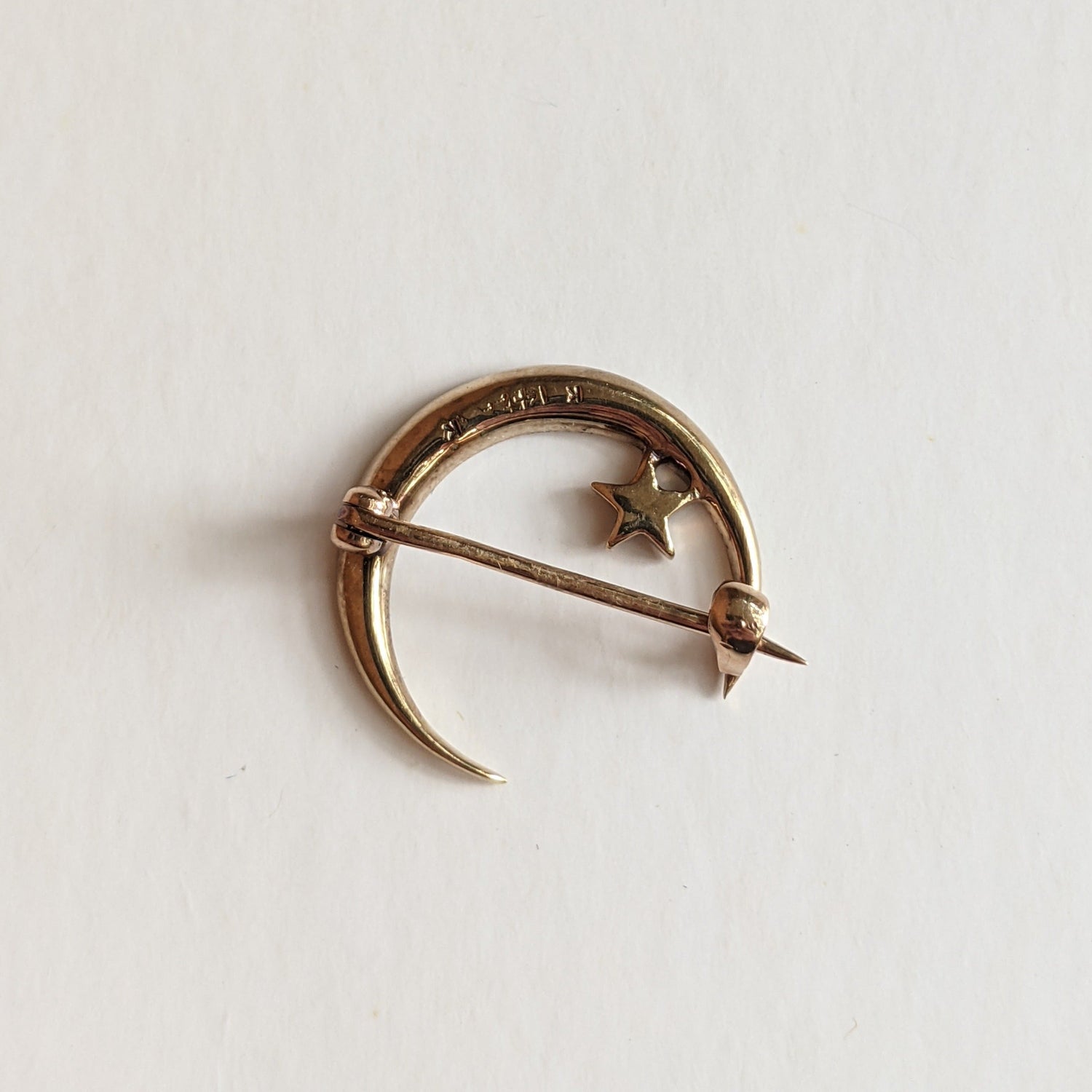 1910s 14k Gold Crescent Moon + Star Brooch