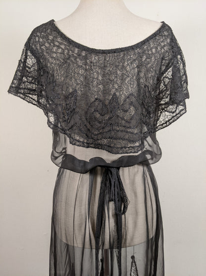 1930s Black Silk + Lace Dress