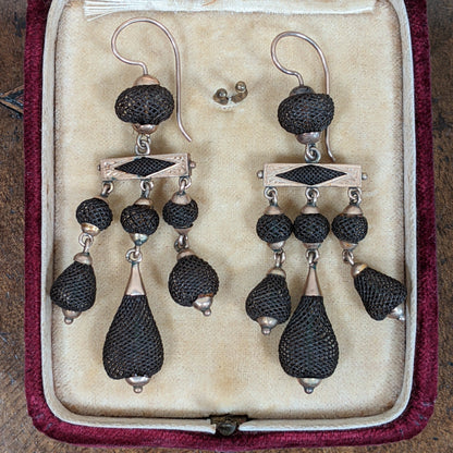 1870s 14k Gold Hairwork Earrings