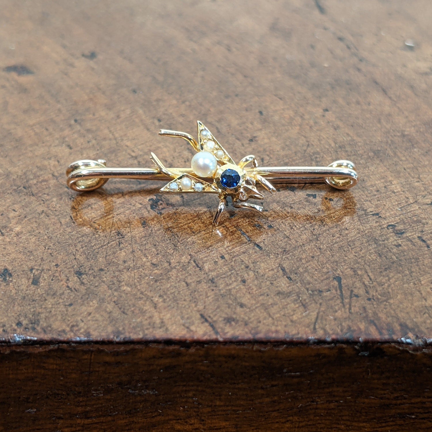 1900s 14k Sapphire + Pearl Fly Pin