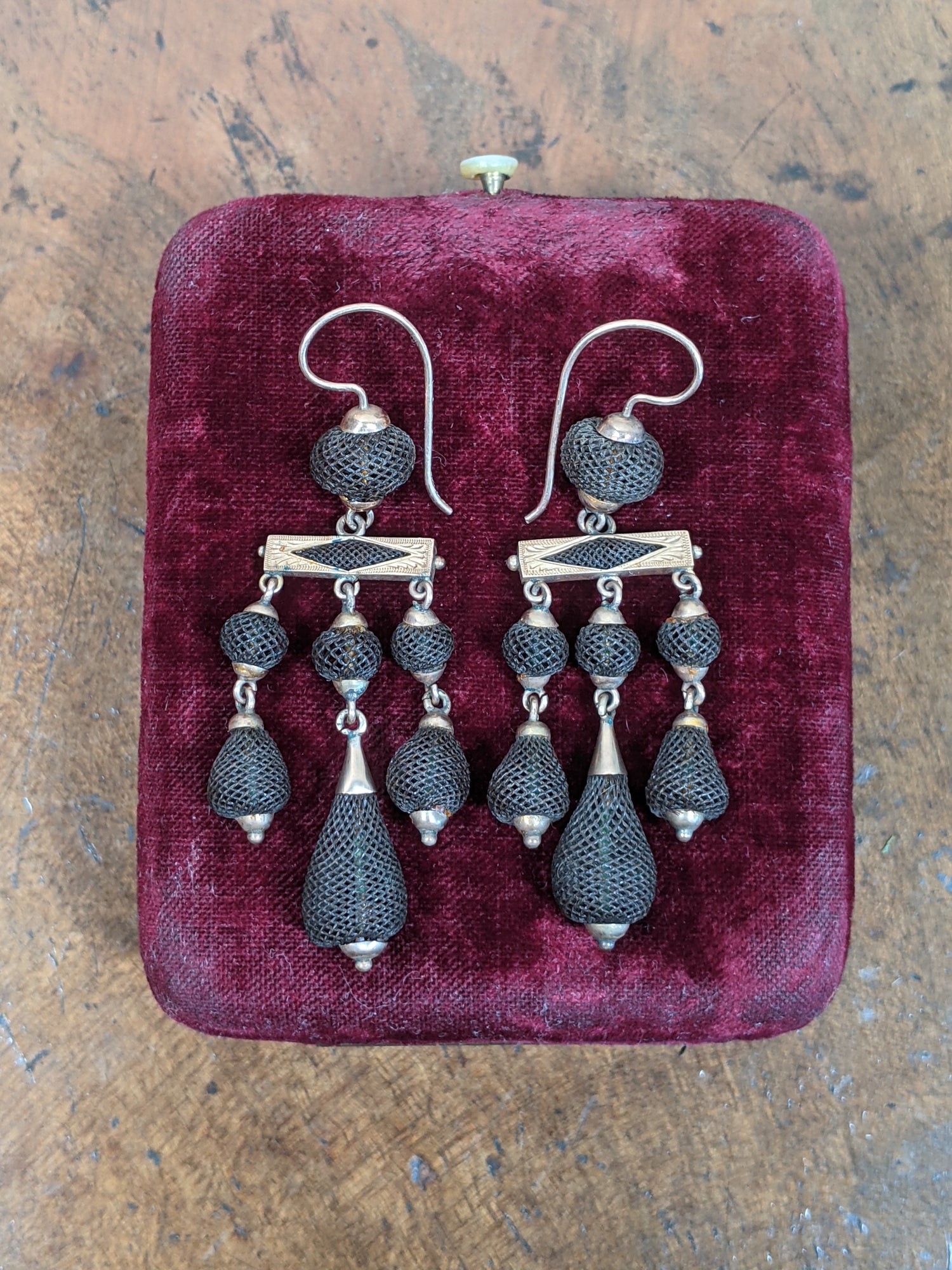 1870s 14k Gold Hairwork Earrings