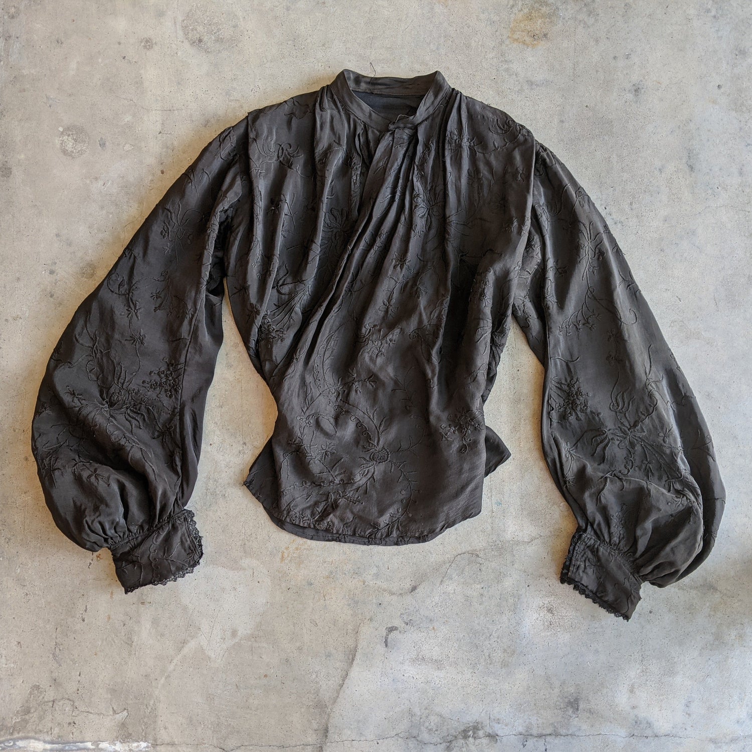 1900s Black Silk Bishop Sleeve Wrap Blouse