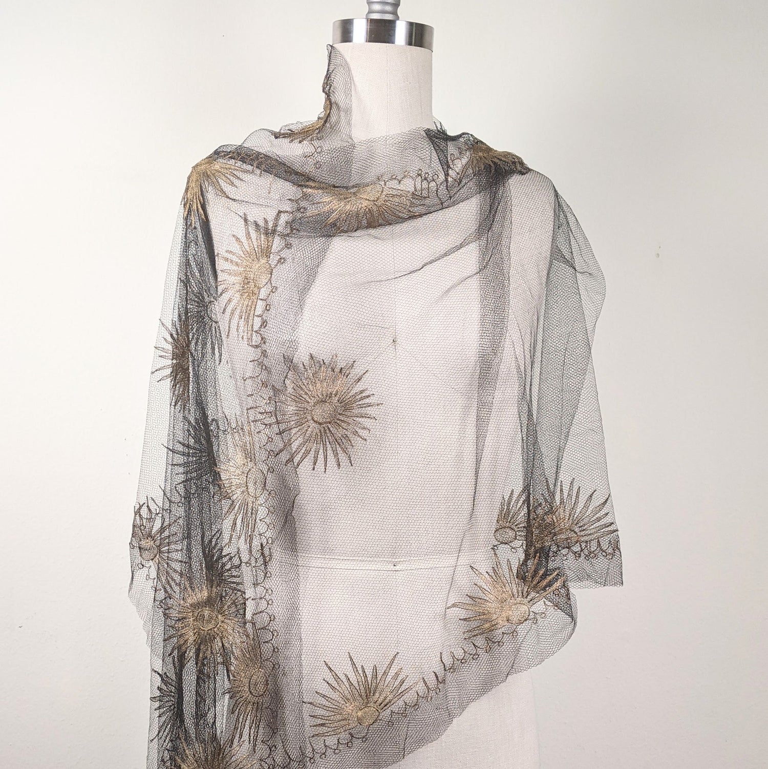 1920s Black + Gold Metallic Embroidered Sun Shawl