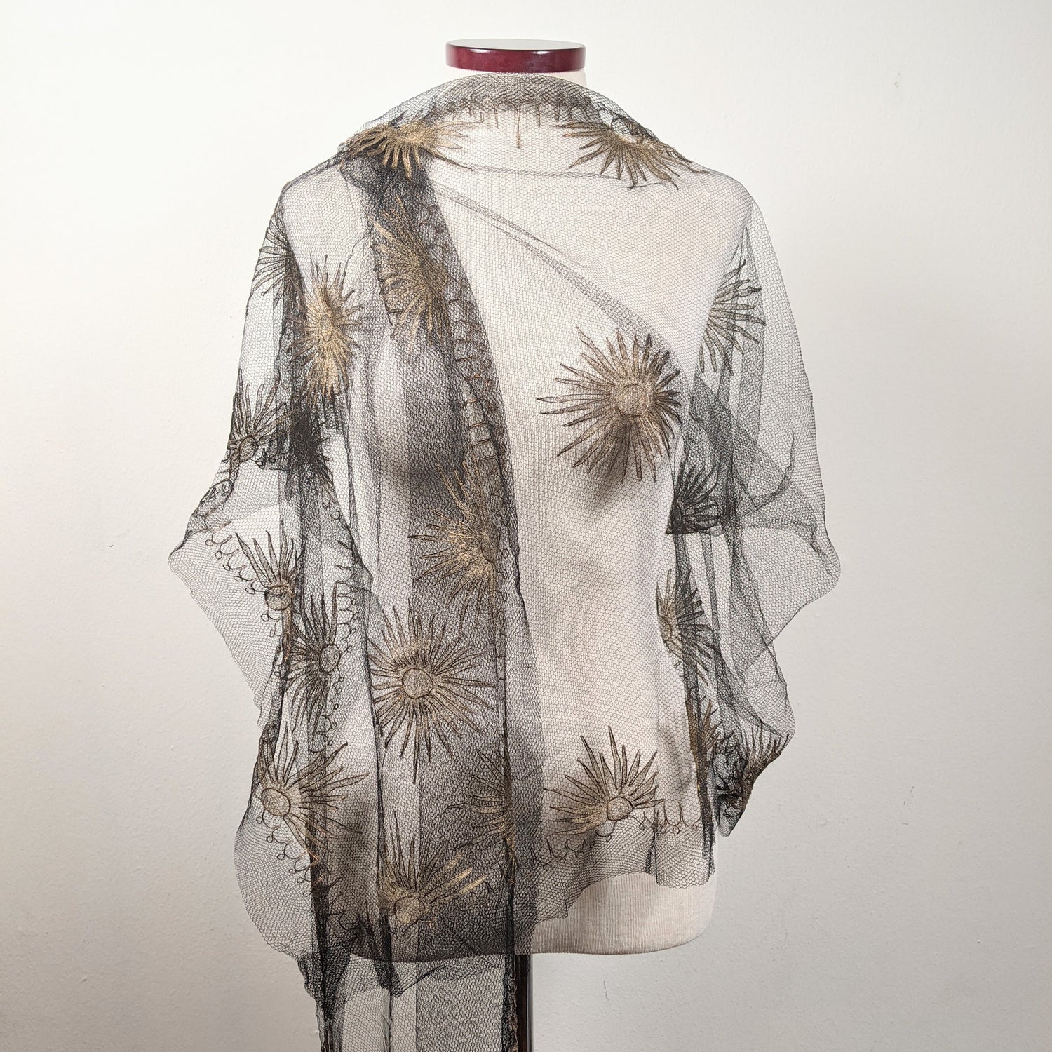 1920s Black + Gold Metallic Embroidered Sun Shawl