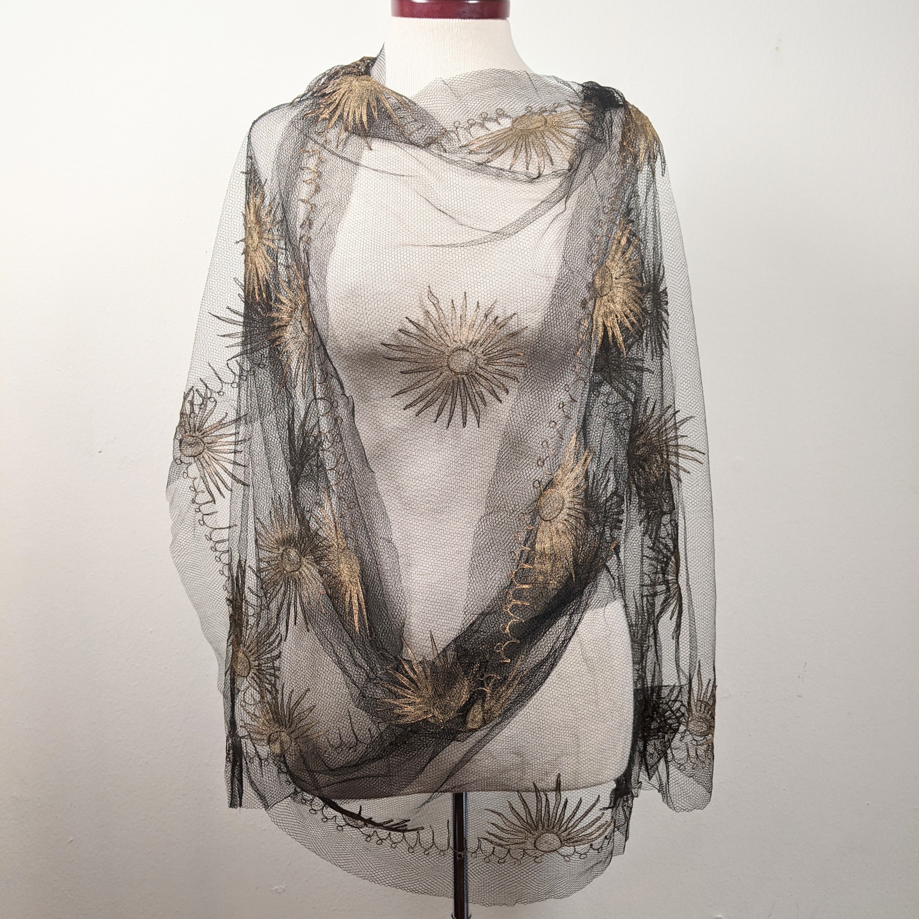 1920s Black + Gold Metallic Embroidered Sun Shawl