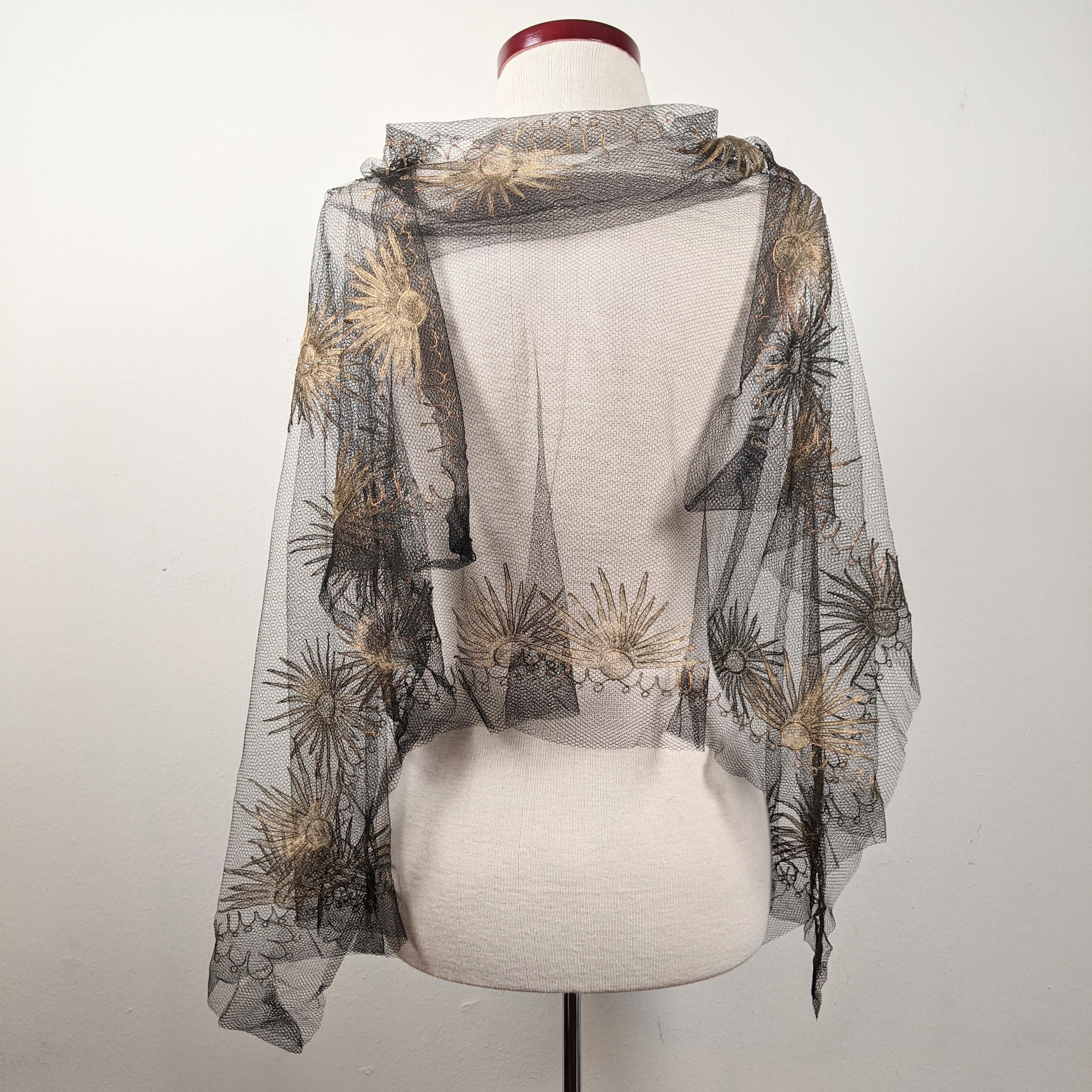 1920s Black + Gold Metallic Embroidered Sun Shawl