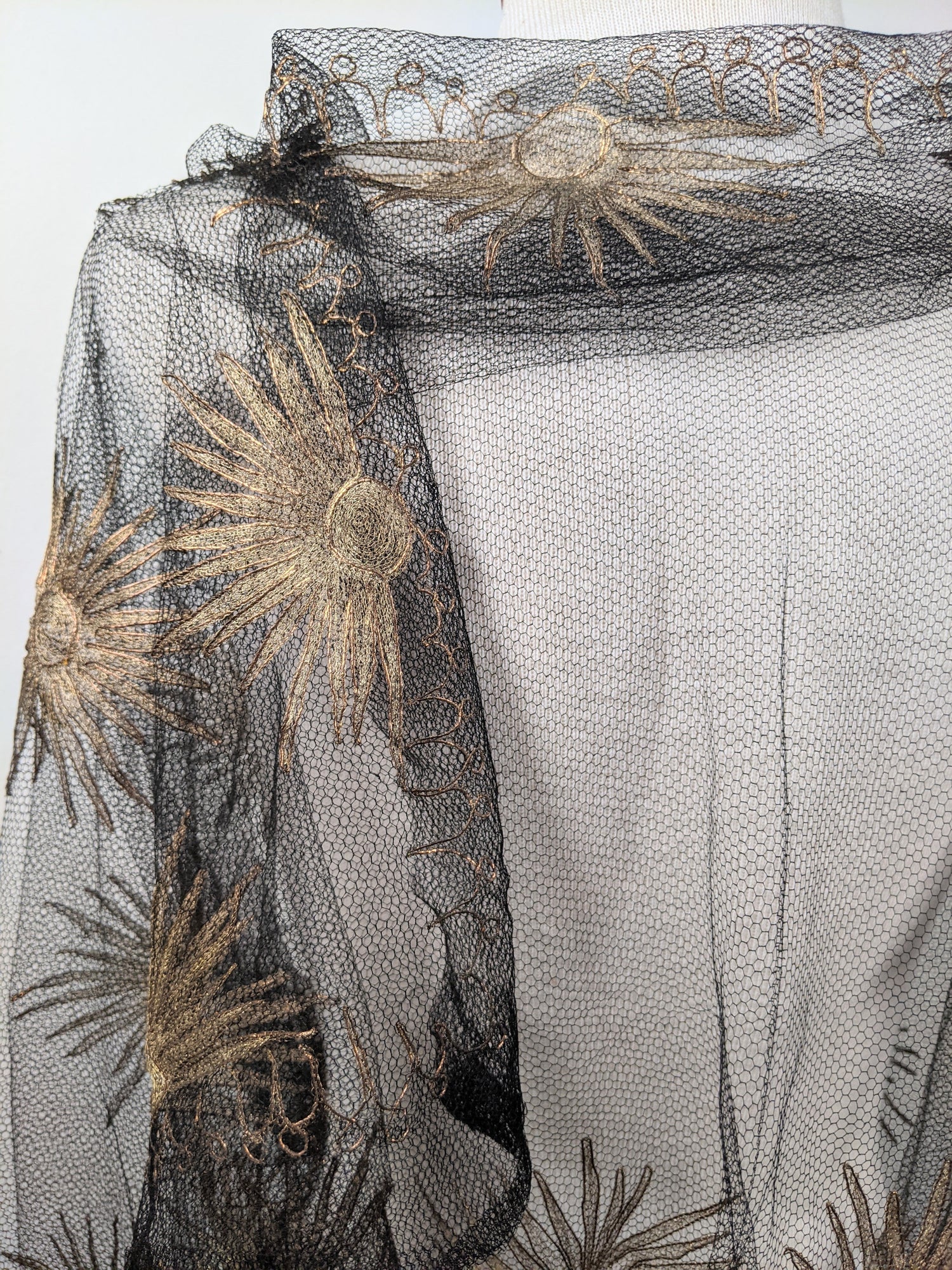 1920s Black + Gold Metallic Embroidered Sun Shawl