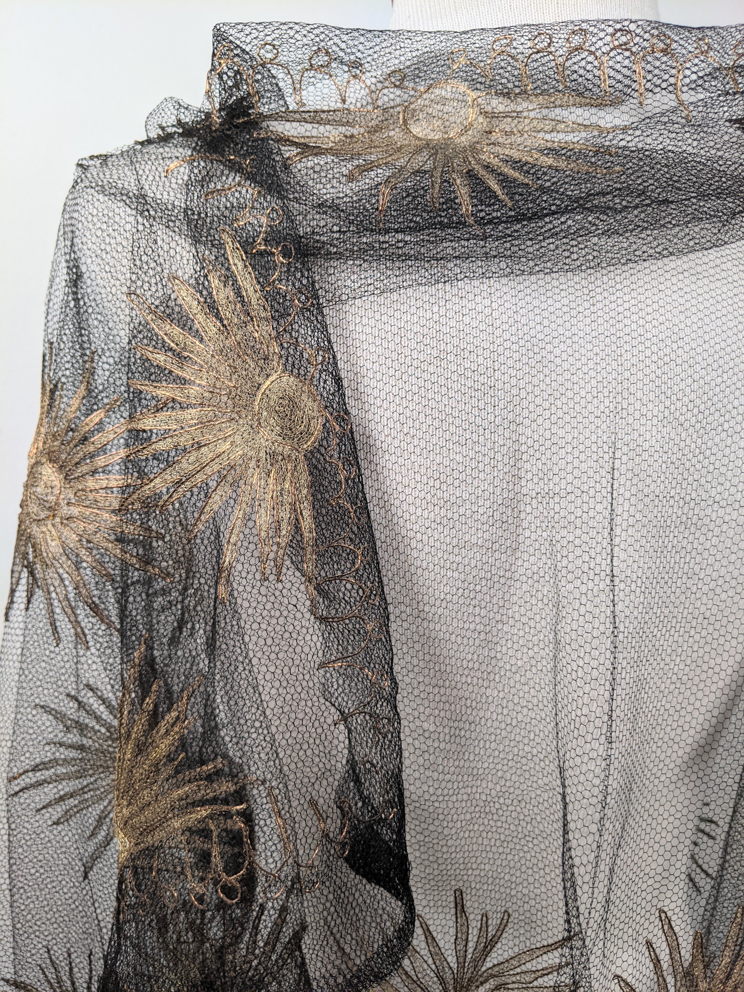 1920s Black + Gold Metallic Embroidered Sun Shawl