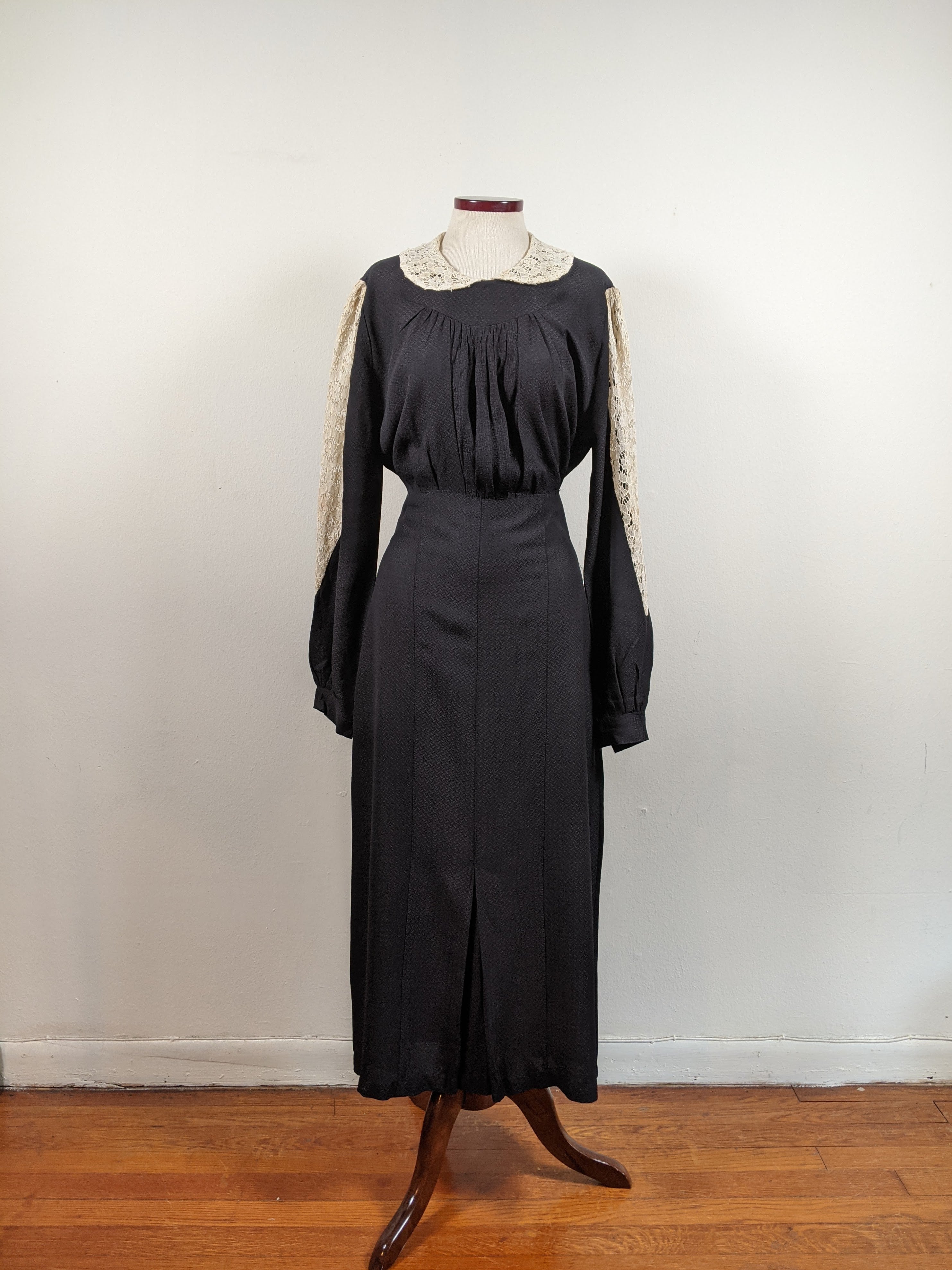 1930s Black Rayon + Lace Dress