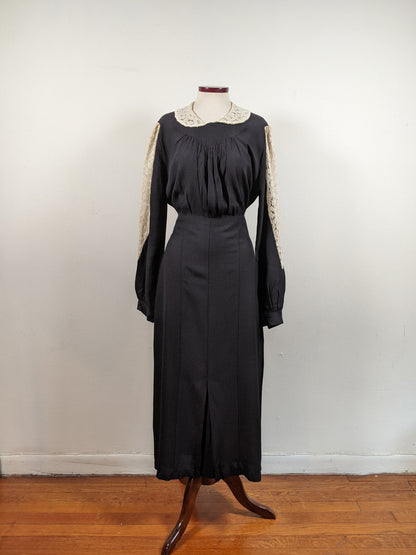1930s Black Rayon + Lace Dress