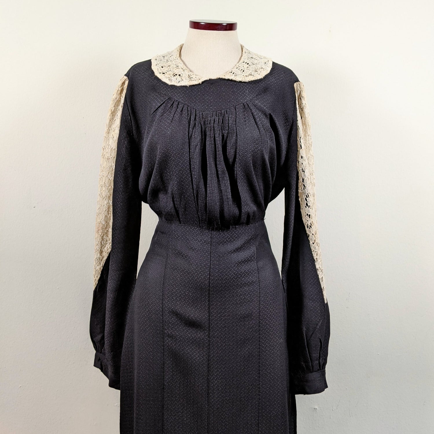 1930s Black Rayon + Lace Dress