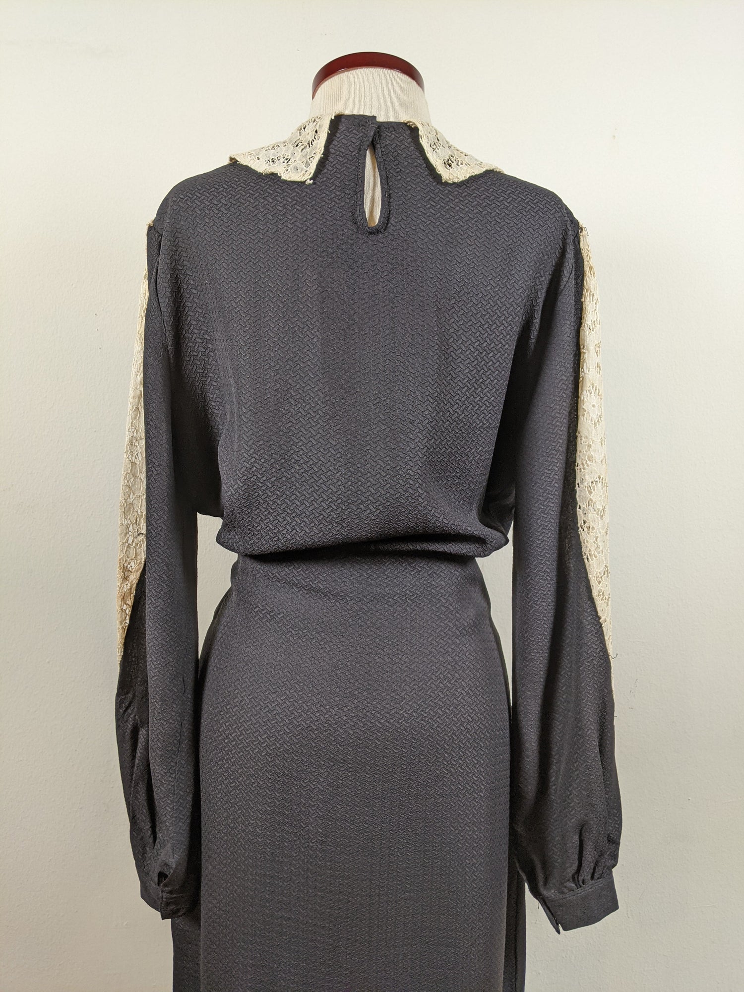 1930s Black Rayon + Lace Dress