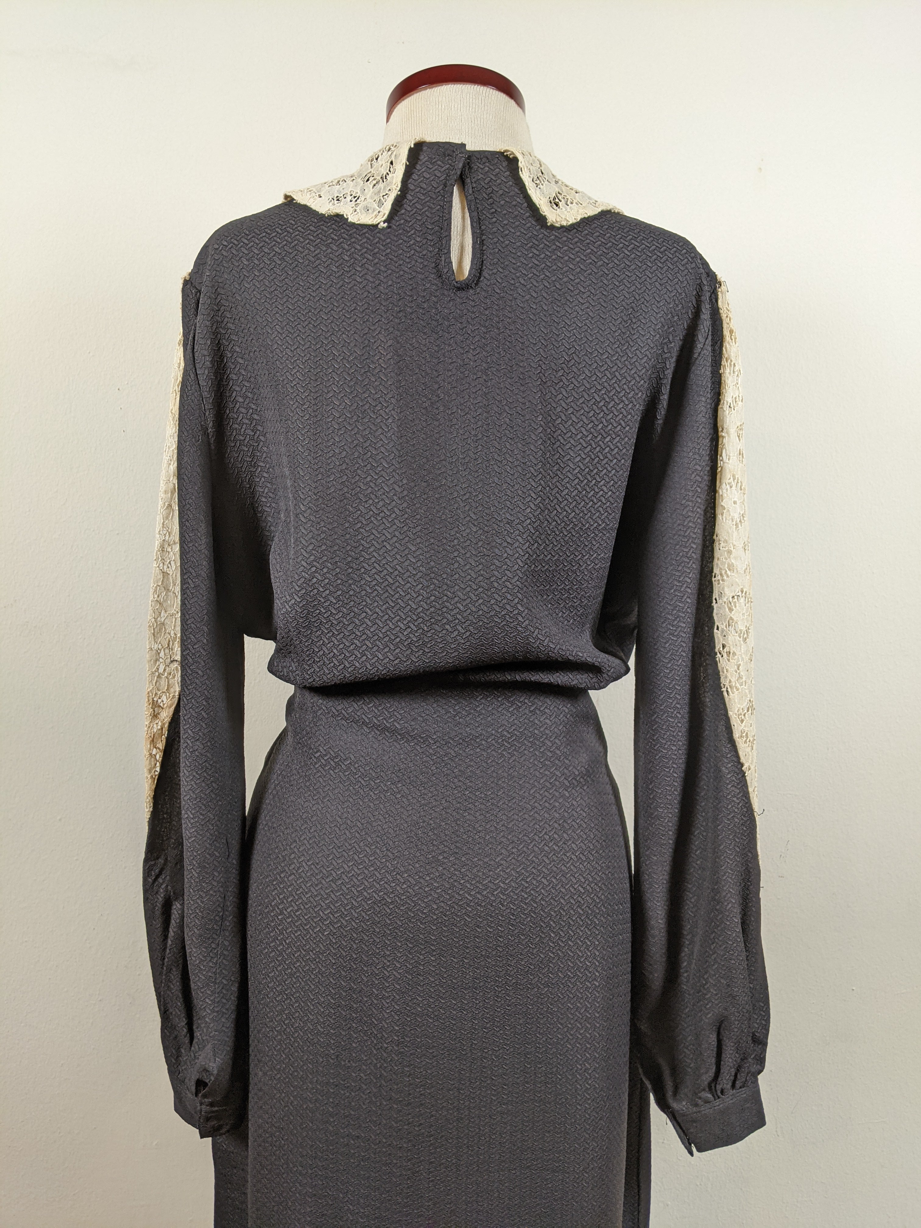 1930s Black Rayon + Lace Dress