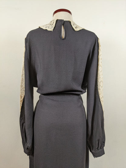 1930s Black Rayon + Lace Dress