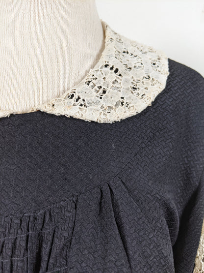 1930s Black Rayon + Lace Dress