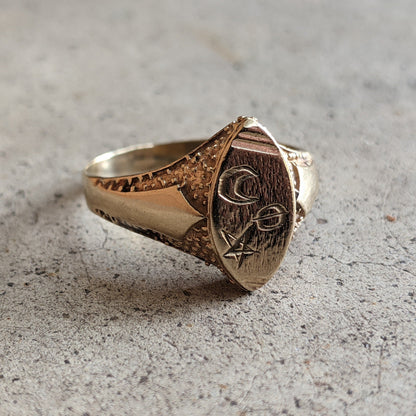 14k Gold Celestial Signet Ring c. Turn of the Century