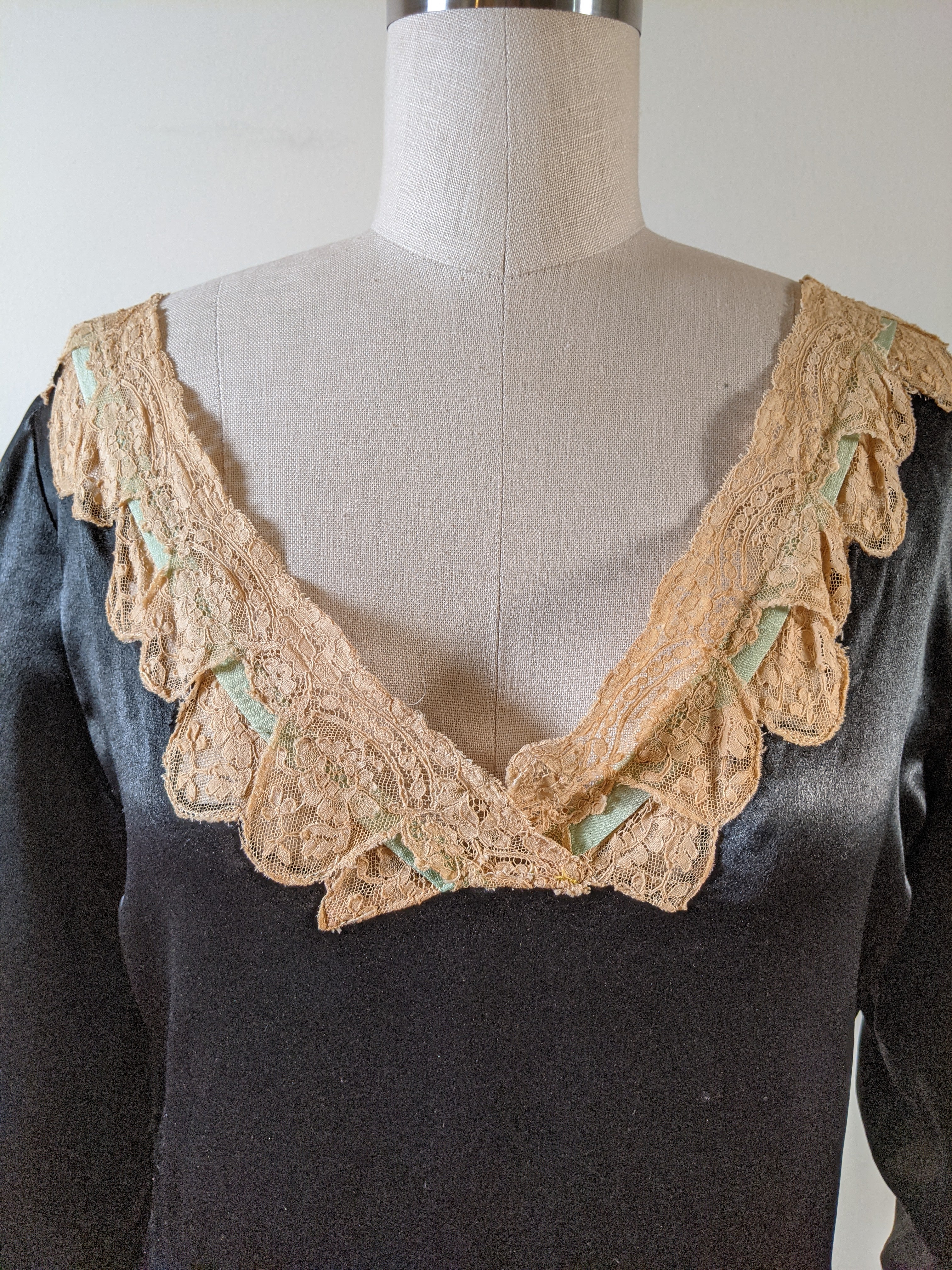 1920s Black + Green Striped Silk Dress