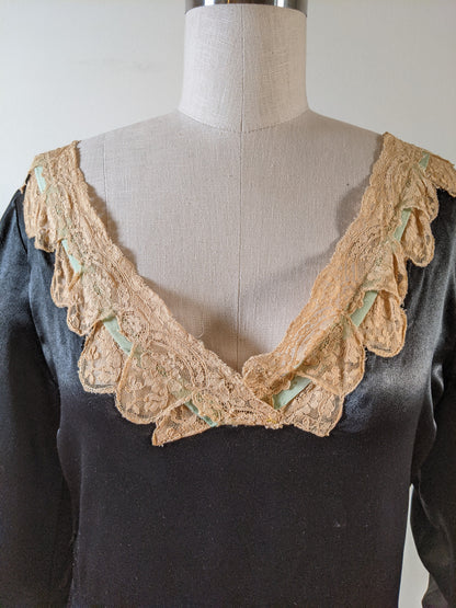 1920s Black + Green Striped Silk Dress