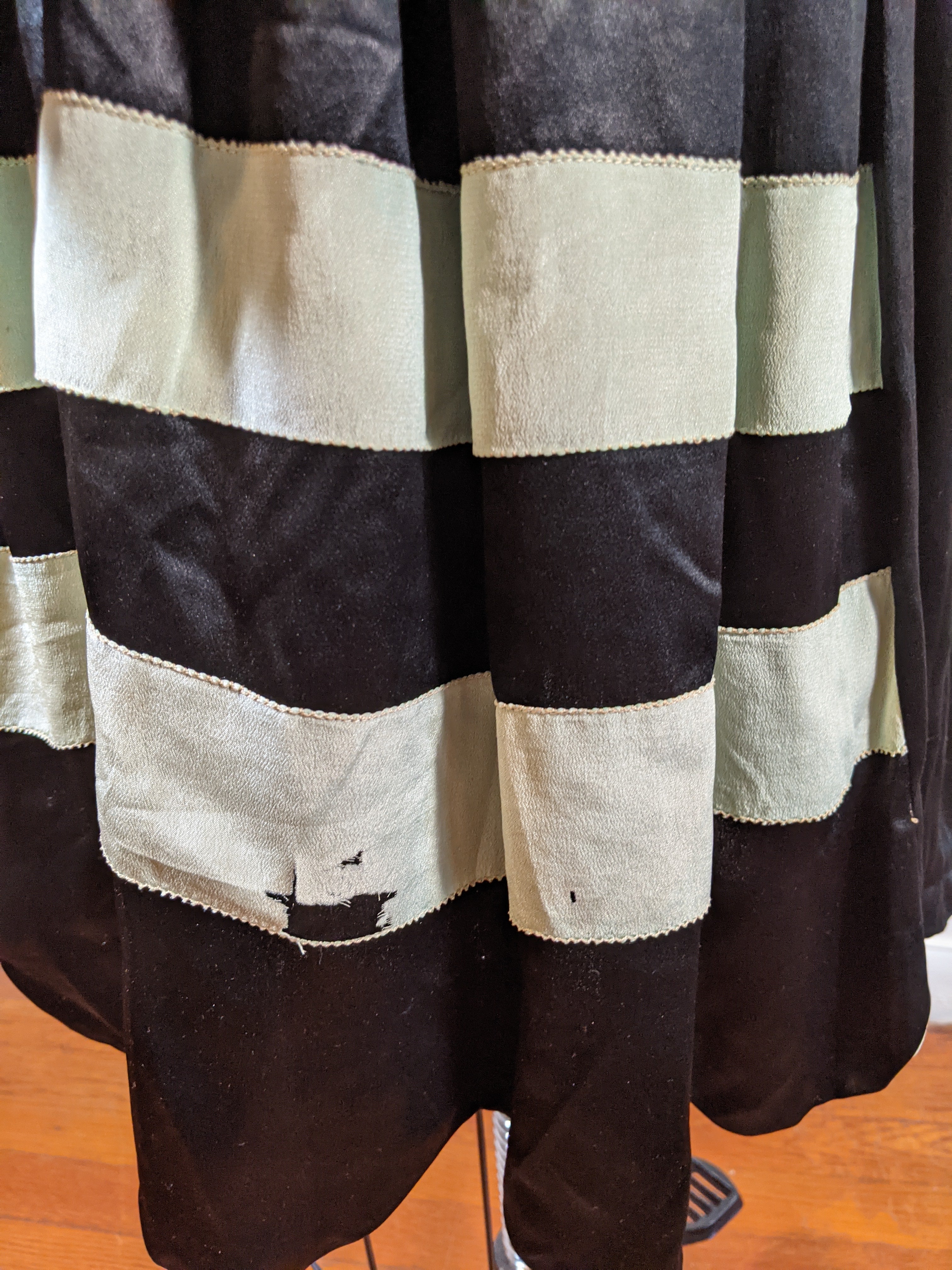 1920s Black + Green Striped Silk Dress