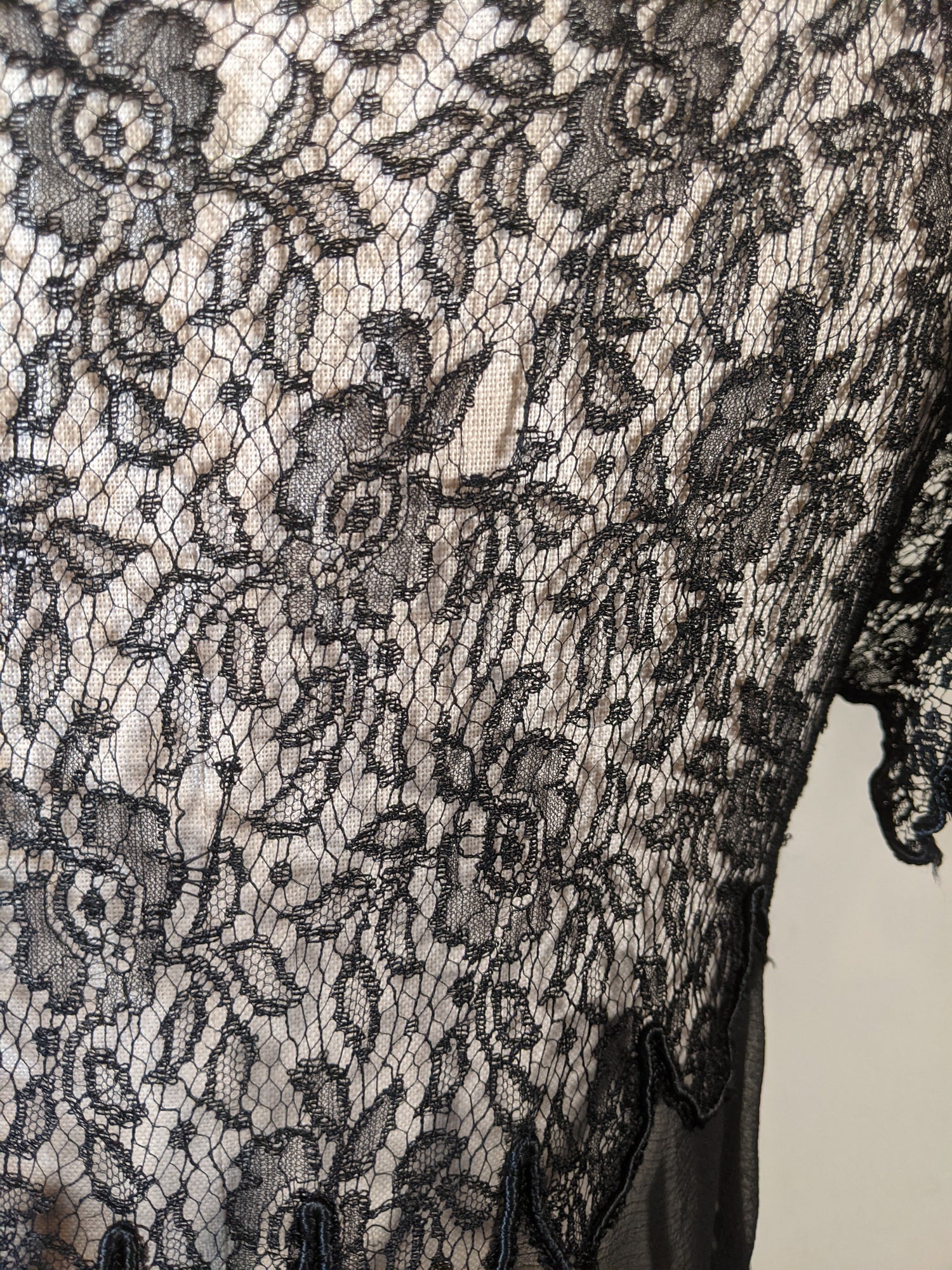 1920s Black Silk Chiffon + Lace Dress