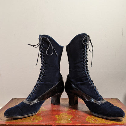 1910s-1920s Blue Velveteen Boots | Approx Sz 7.5-8