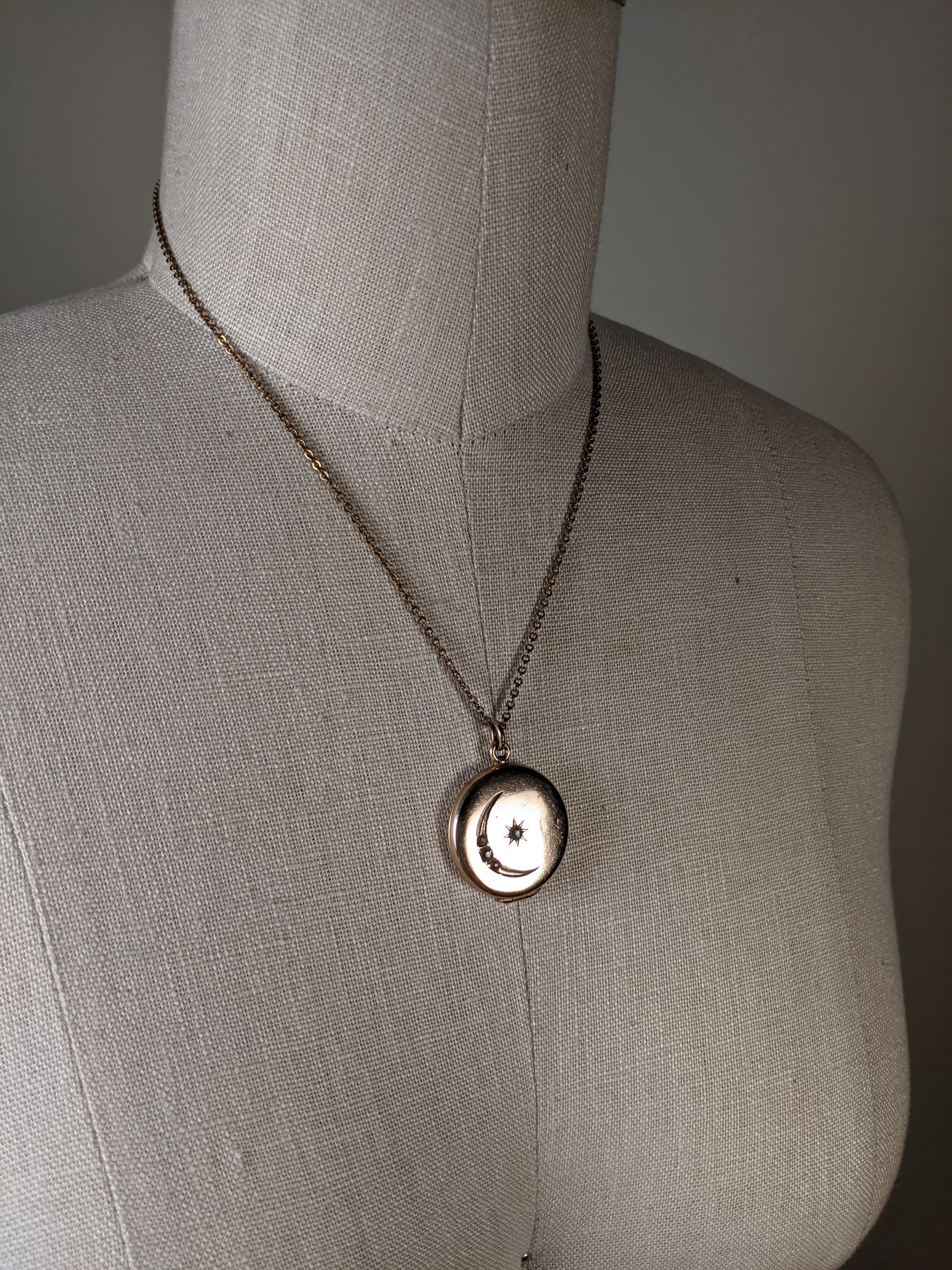 c. 1910s Moon + Star Locket and Rolo Chain