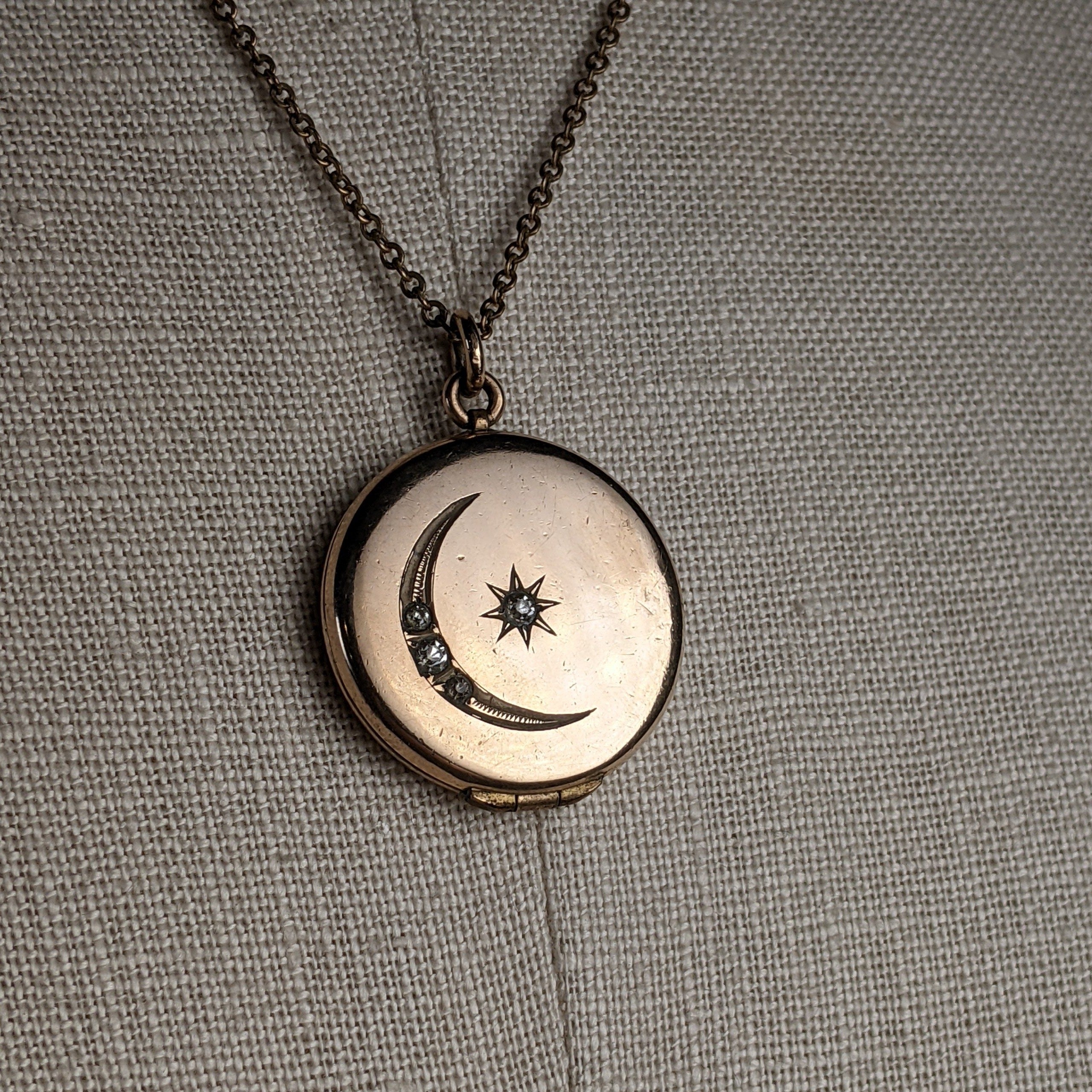 c. 1910s Moon + Star Locket and Rolo Chain