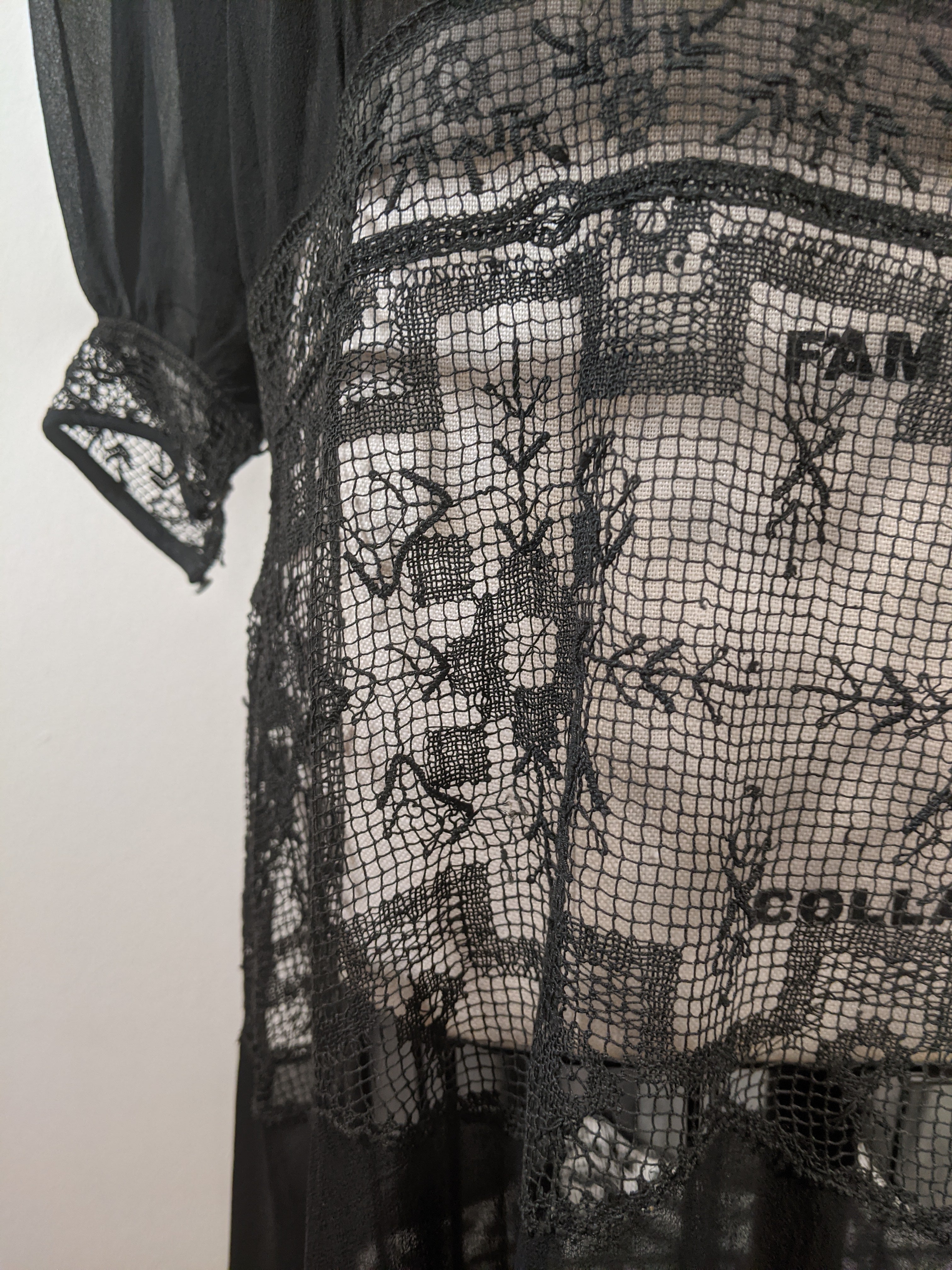 1920s Sheer Black Chiffon + Lace Dress