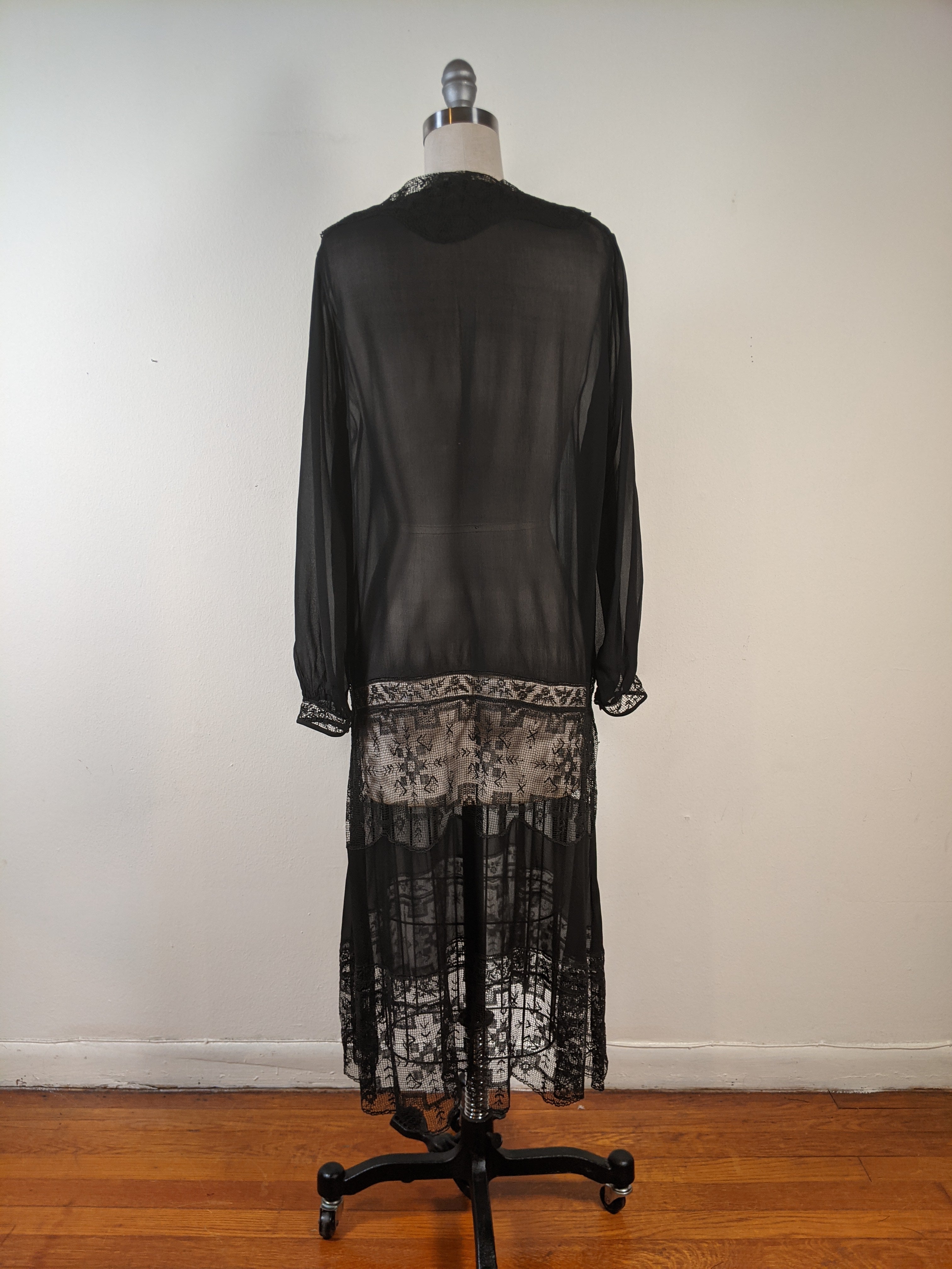 1920s Sheer Black Chiffon + Lace Dress