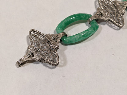 Art Deco Green Glass Rhodium Plated Bracelet