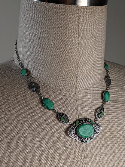 Art Deco Green Glass Rhodium Plated Necklace