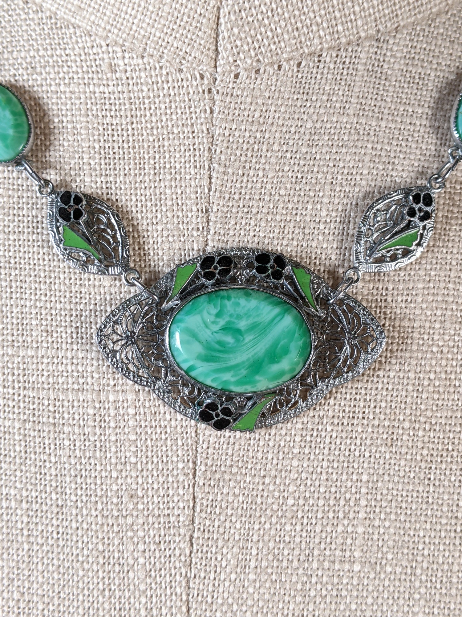 Art Deco Green Glass Rhodium Plated Necklace