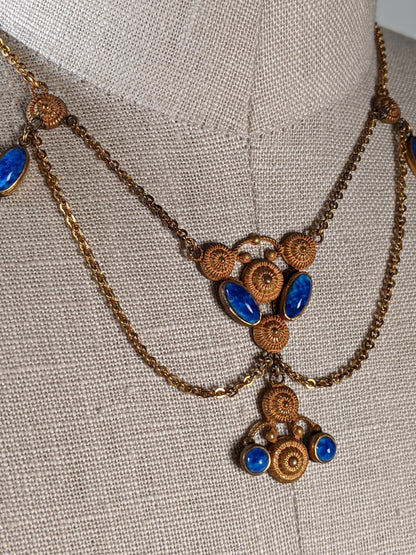 Art Deco Blue Glass Stone Festoon Necklace