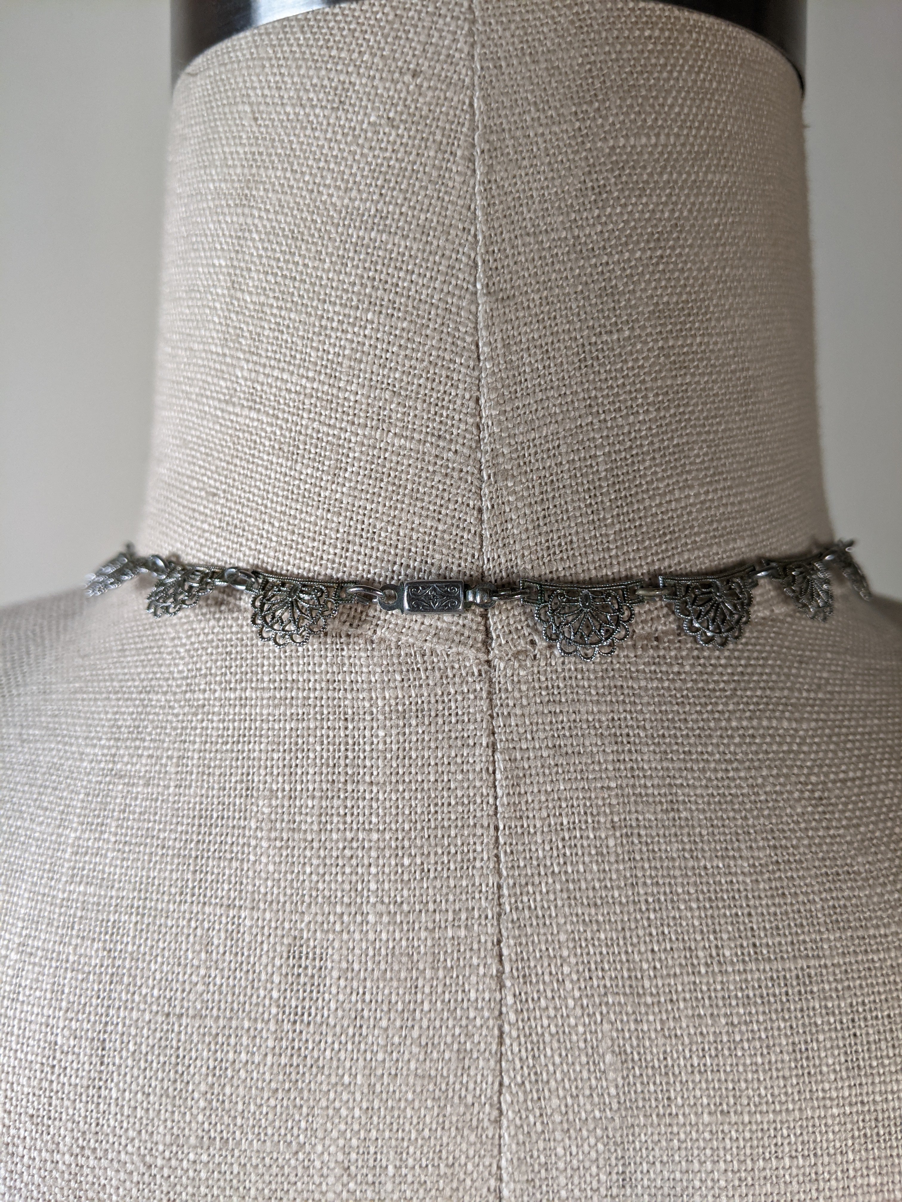 Art Deco Rhodium Plated Necklace Purple Glass Stone