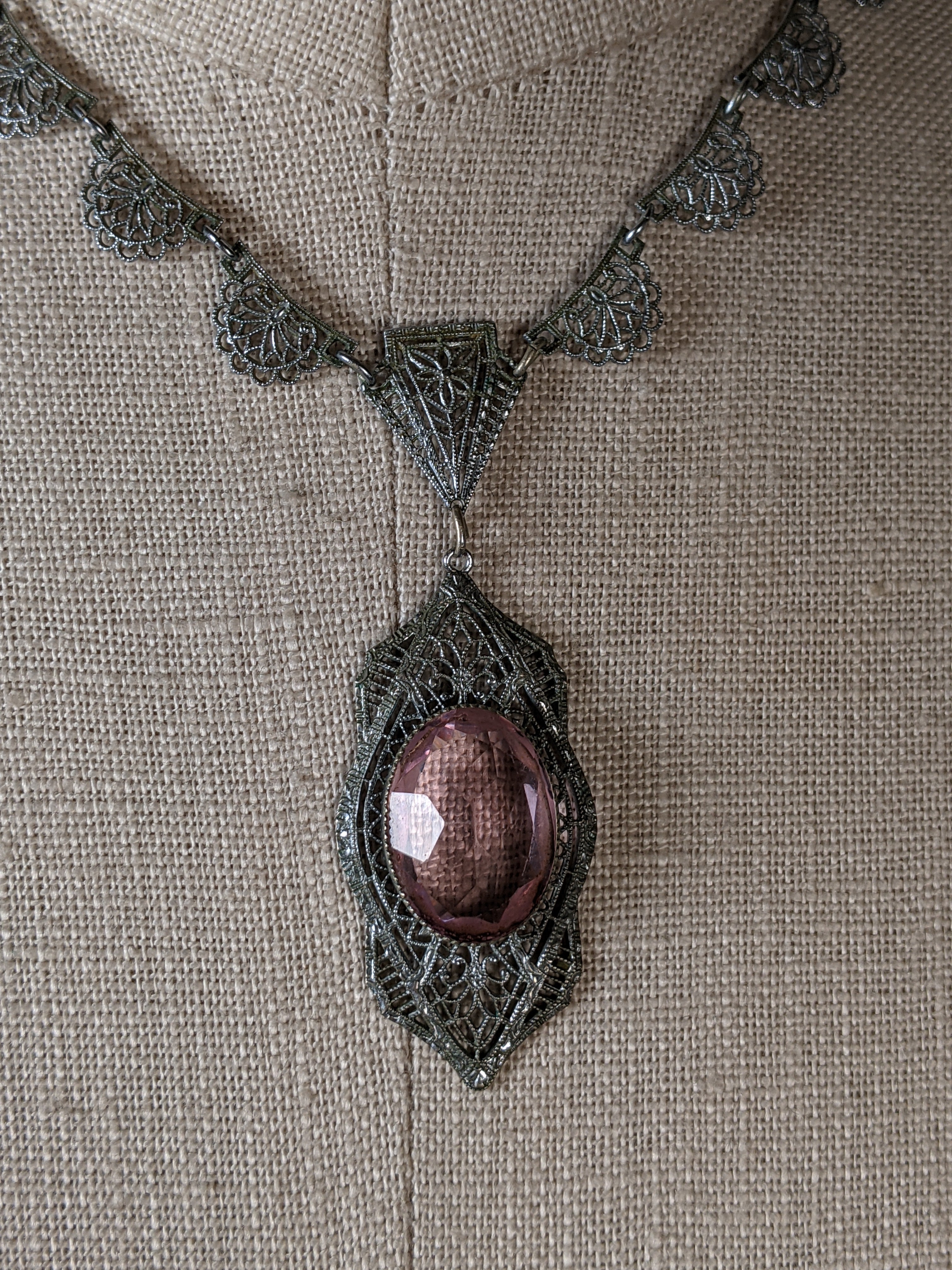 Art Deco Rhodium Plated Necklace Purple Glass Stone