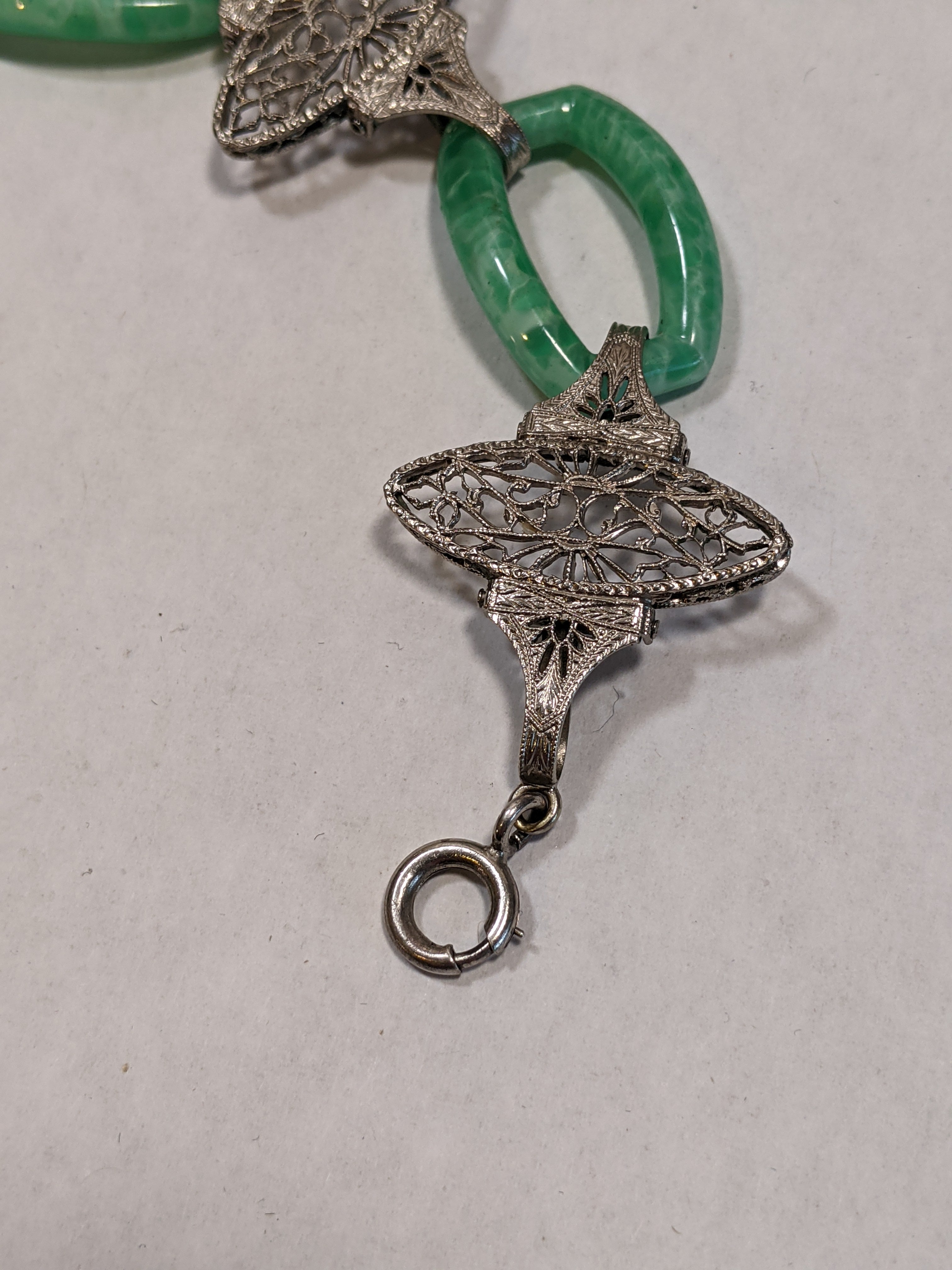 Art Deco Green Glass Rhodium Plated Bracelet