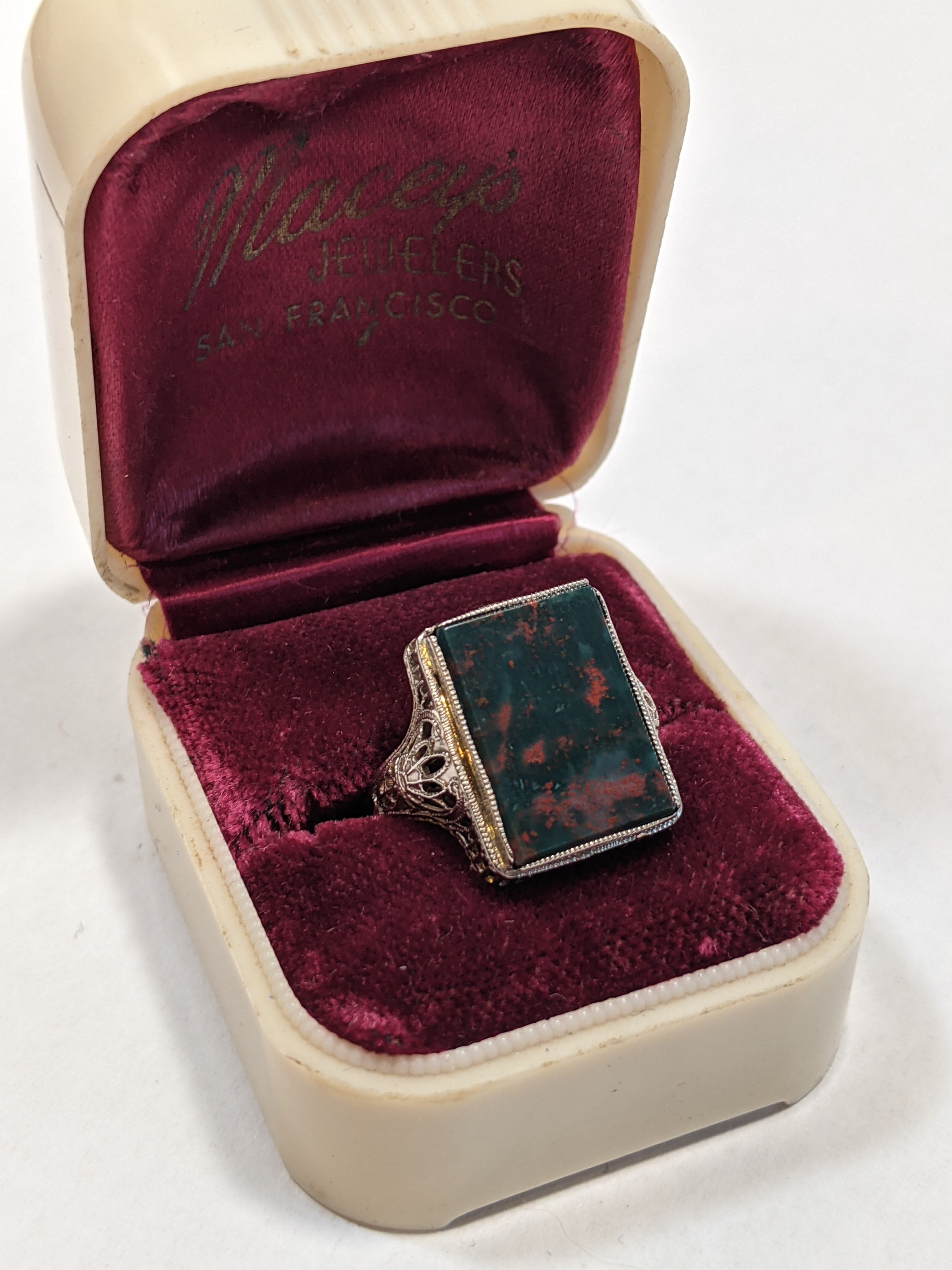 Abraham and Straus Art Deco 10k White Gold Bloodstone Ring | Sz 6.5