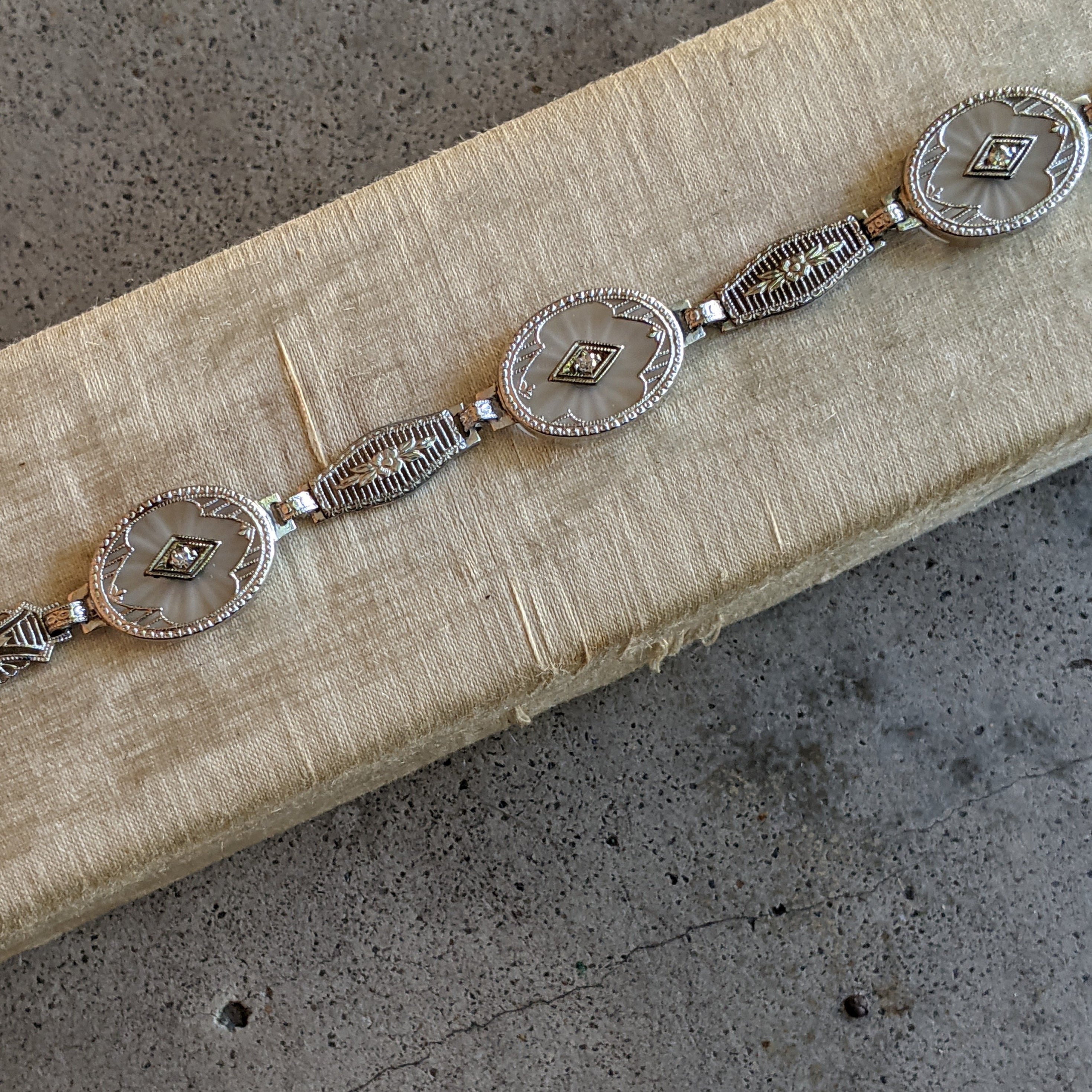 Art Deco White Gold Rock Crystal + Diamond Bracelet
