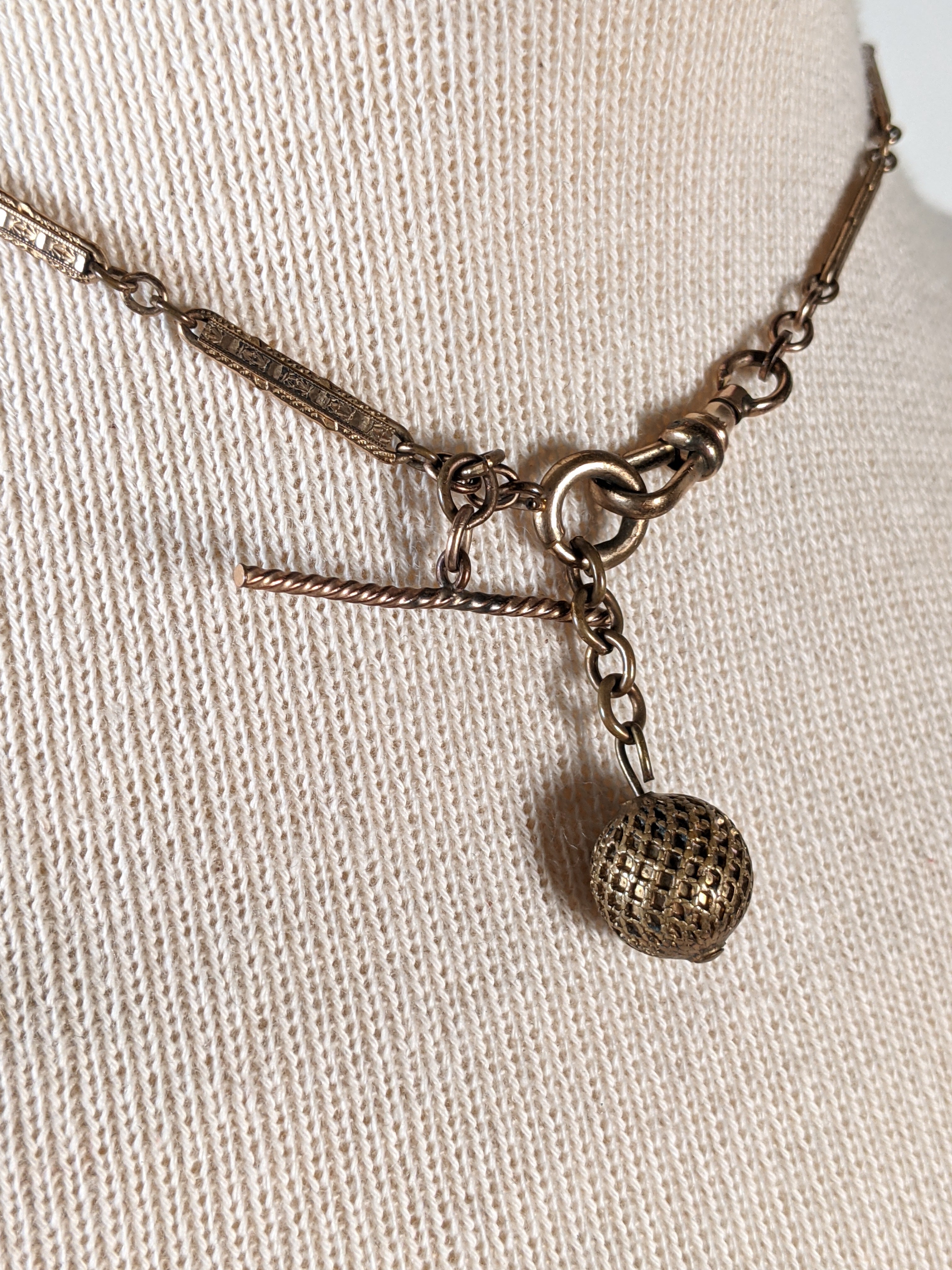 19th c. Gold Filled Watch Chain / Necklace + Ball Fob