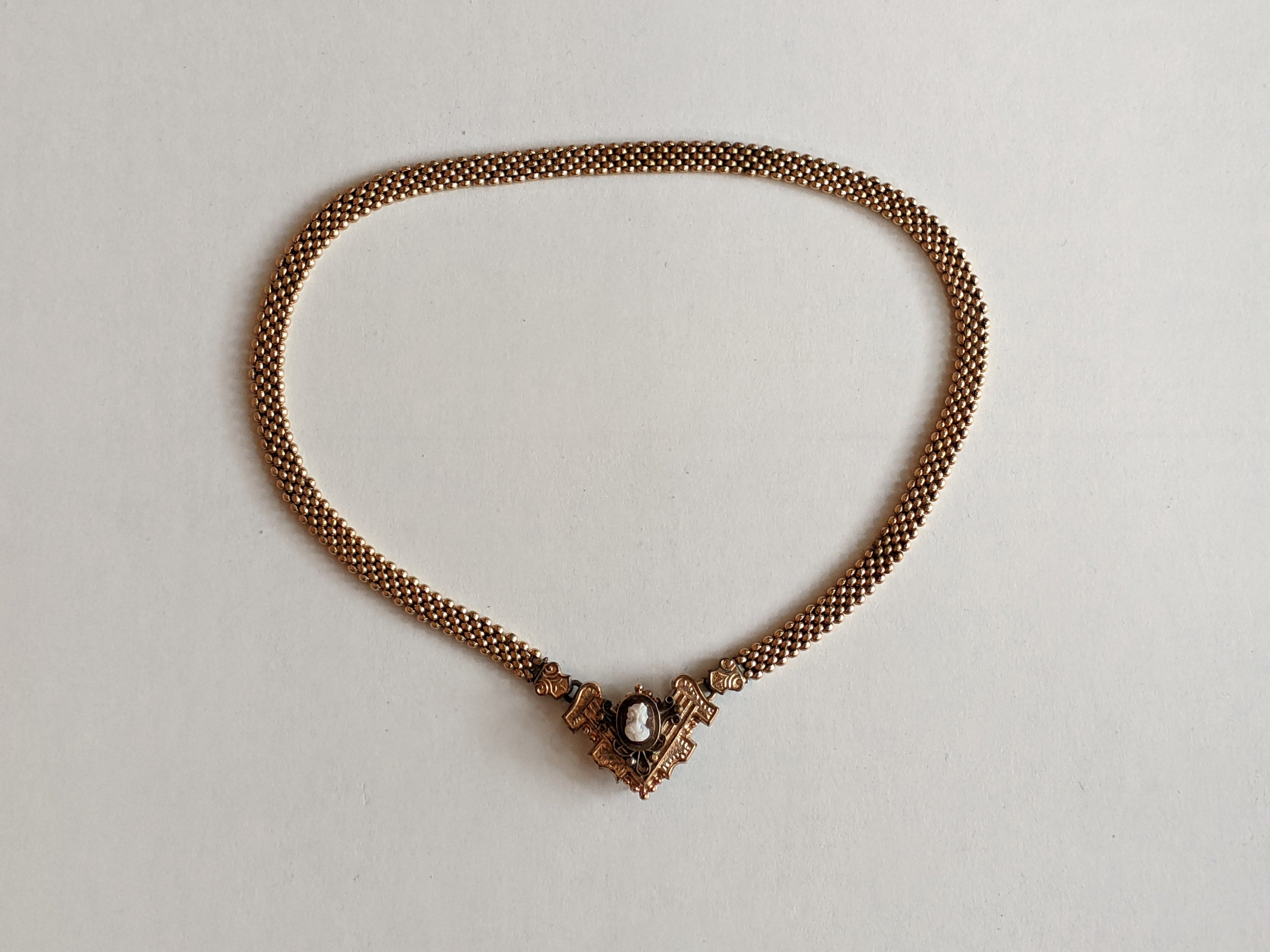19th c. Gold Filled Mesh Cameo Necklace