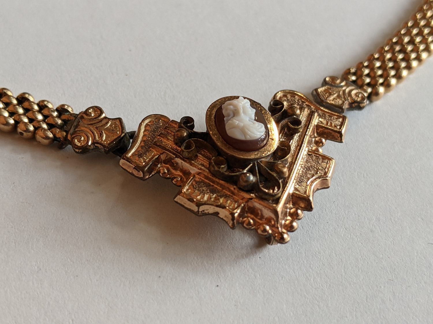 19th c. Gold Filled Mesh Cameo Necklace