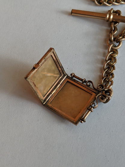 19th c. Gold Filled Short T-Bar Watch Chain + Locket | 12.5"