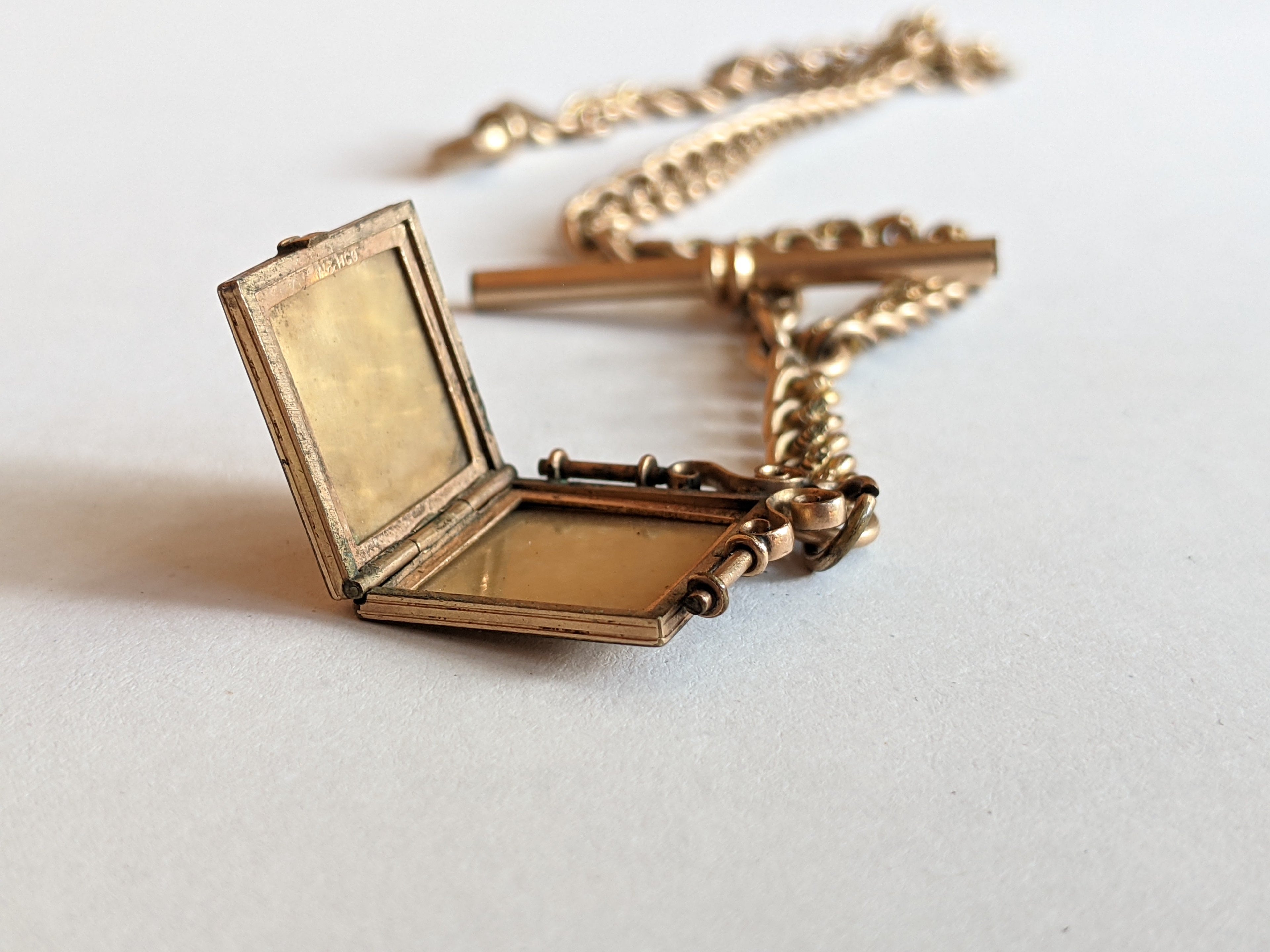 19th c. Gold Filled Short T-Bar Watch Chain + Locket | 12.5"