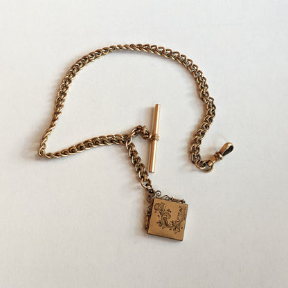 19th c. Gold Filled Short T-Bar Watch Chain + Locket | 12.5"