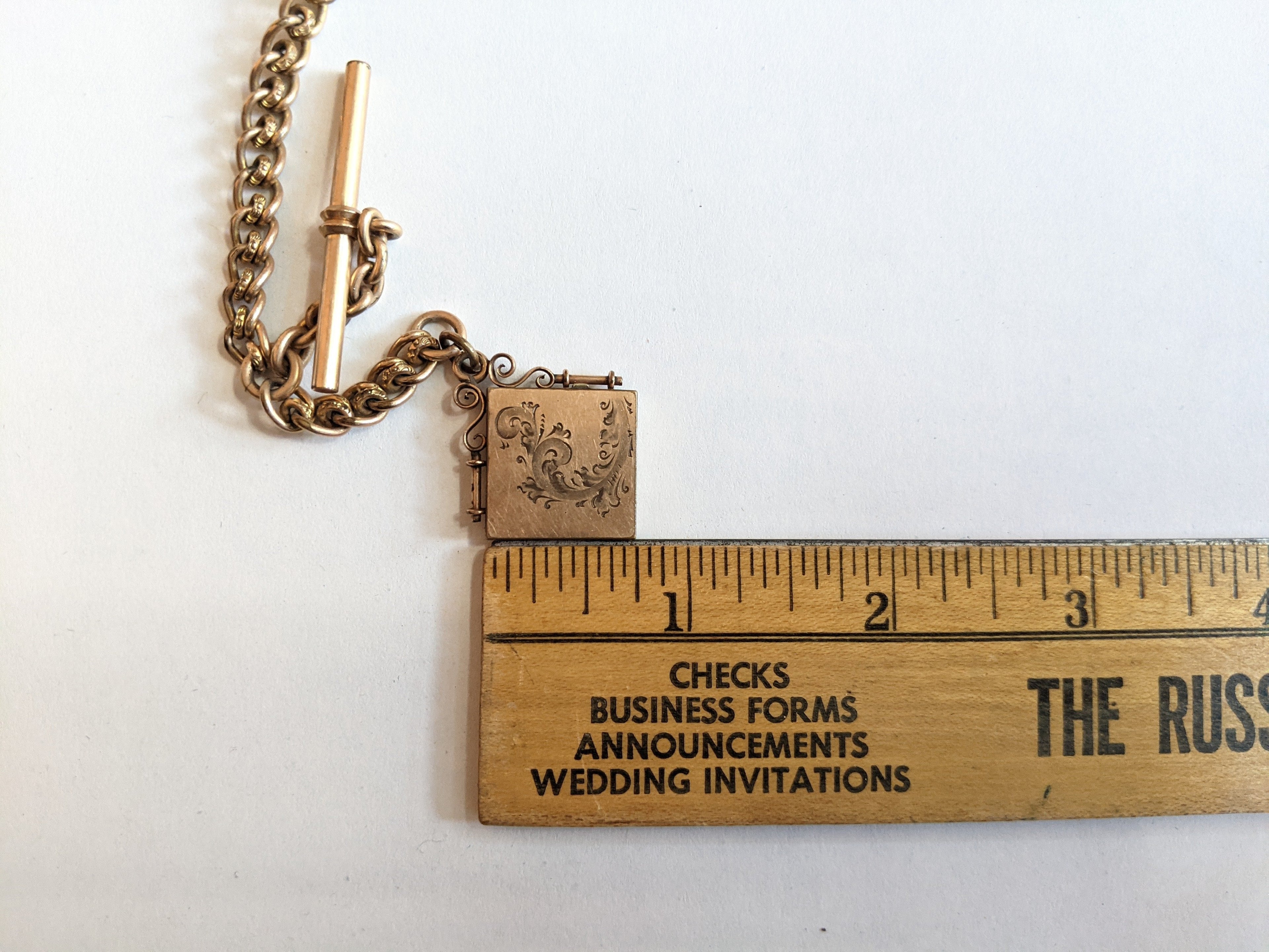 19th c. Gold Filled Short T-Bar Watch Chain + Locket | 12.5"