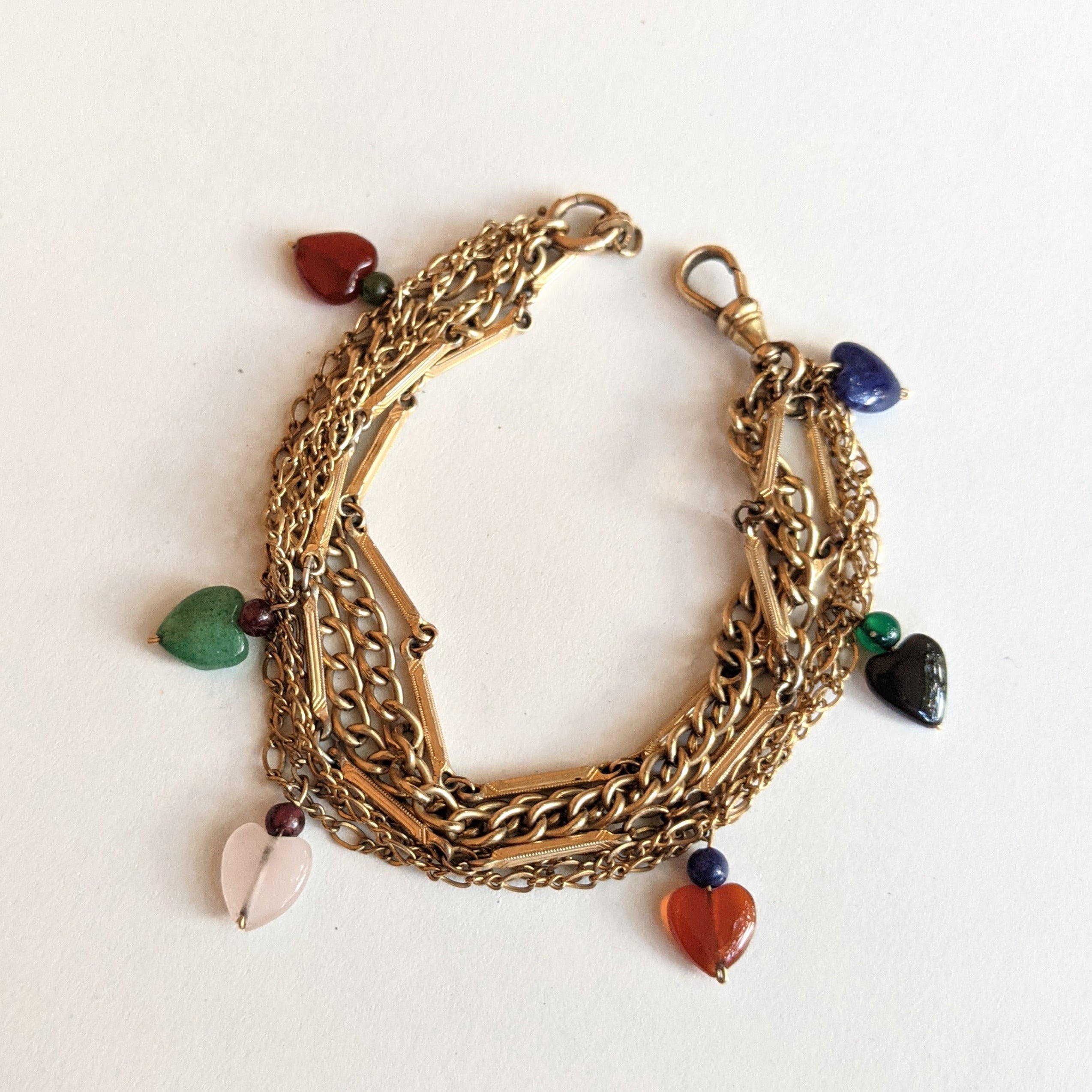 Gold Filled Watch Chain Bracelet w/ Heart Charms