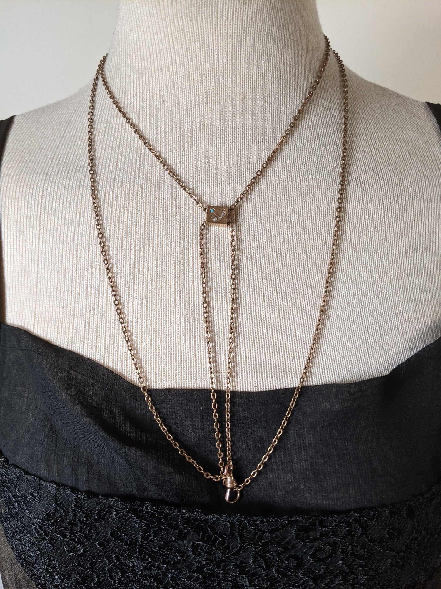 19th c. Gold Filled Long Guard Chain w/ Moon Slide