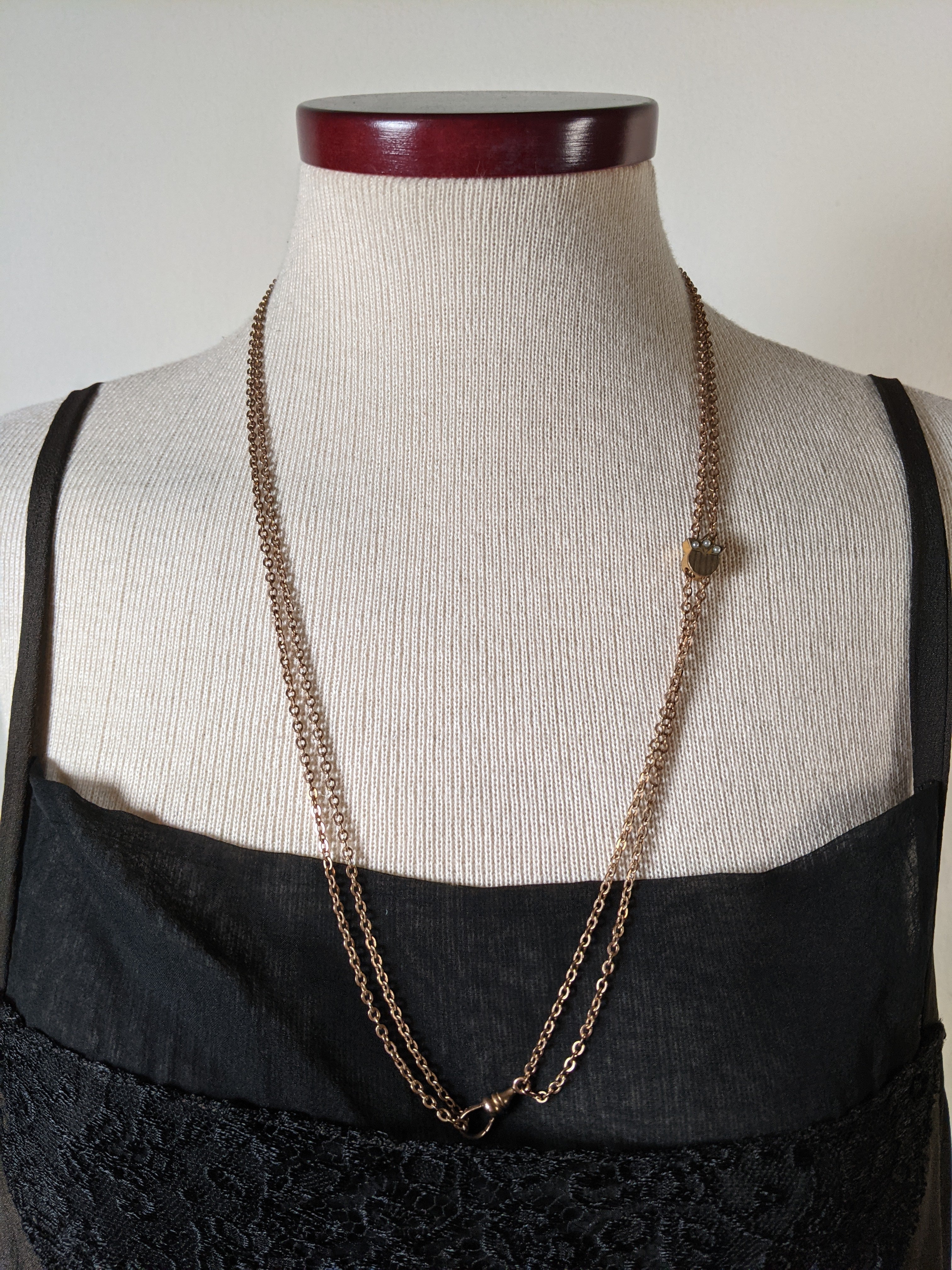 19th c. Gold Filled Long Guard Chain w/ Seed Pearl Slide