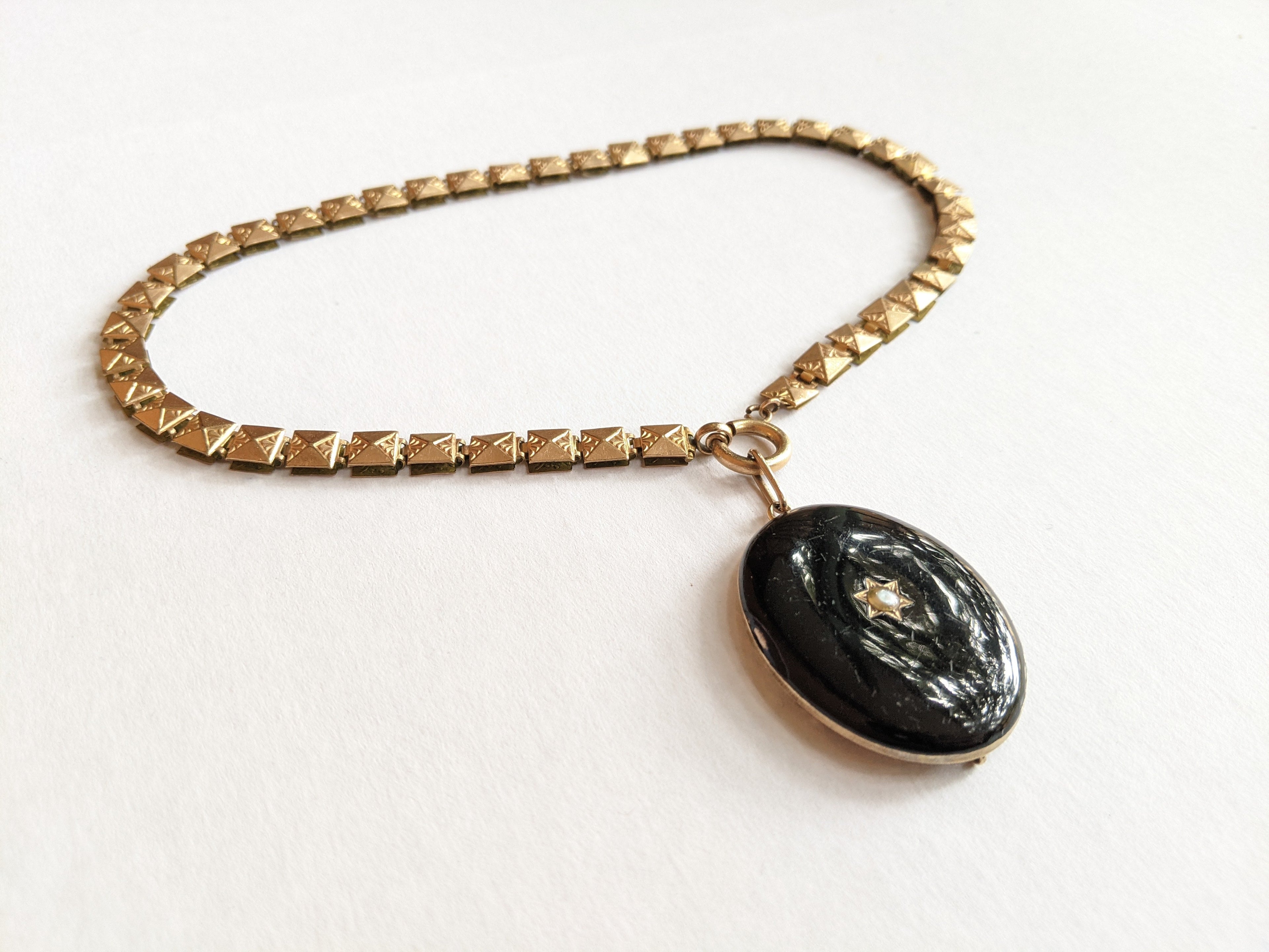 19th c. 14k Gold Enamel Locket on Book Chain