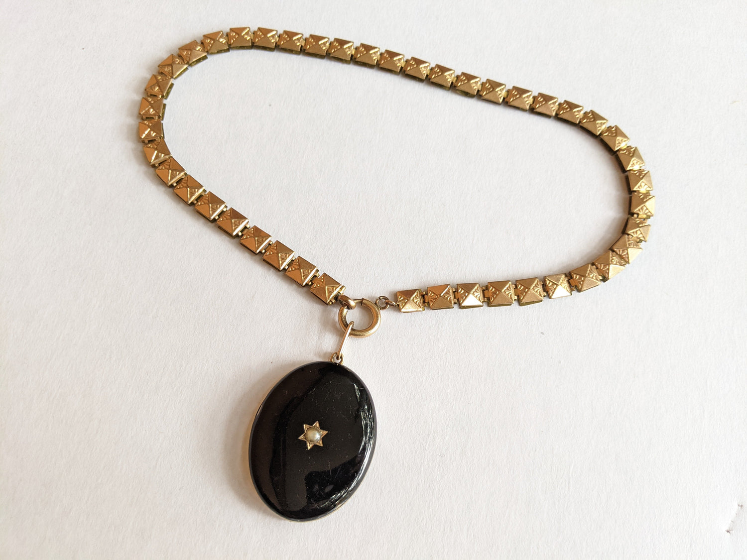 19th c. 14k Gold Enamel Locket on Book Chain